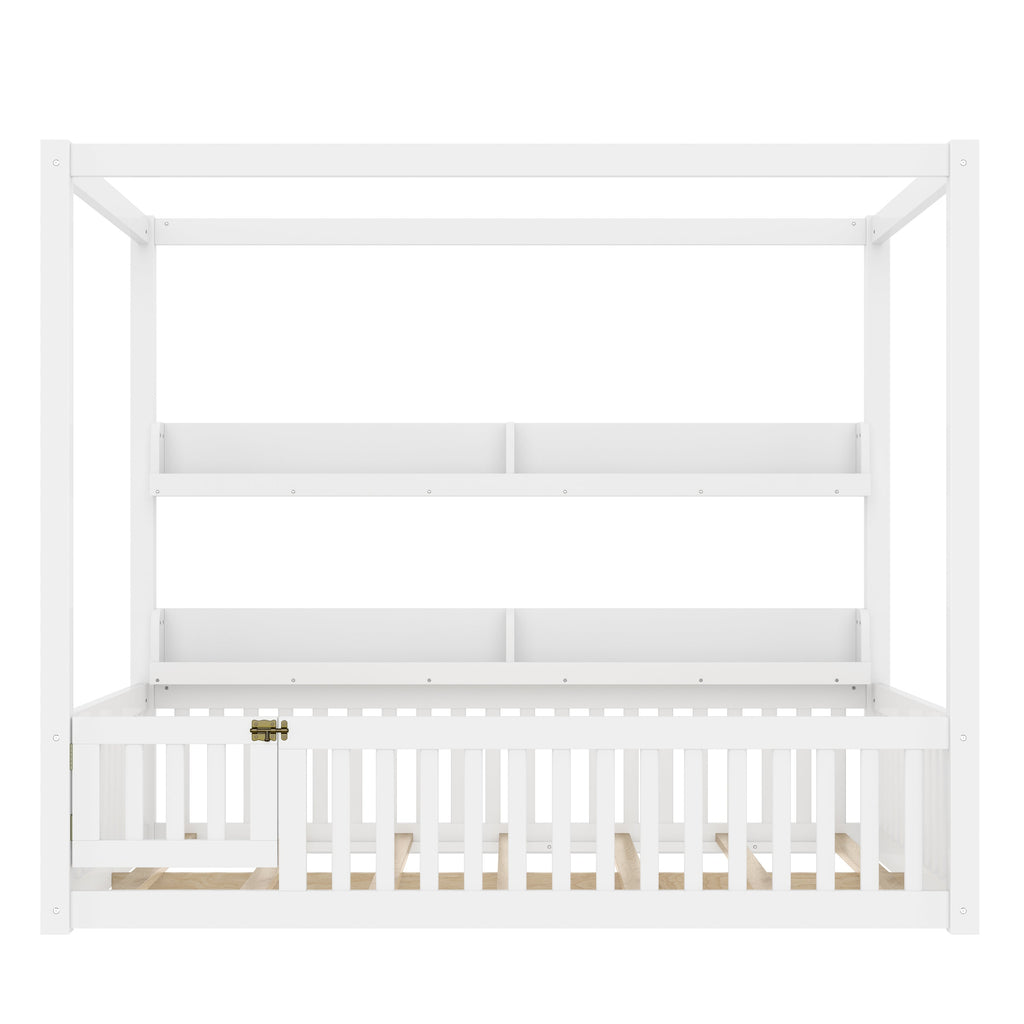 Full Size Canopy Bed with Guardrails, Solid Wood Floor Bed with Shelves, Montessori Floor Bed Frame for Kids, Boys, Girls, No Spring Box Needed, White