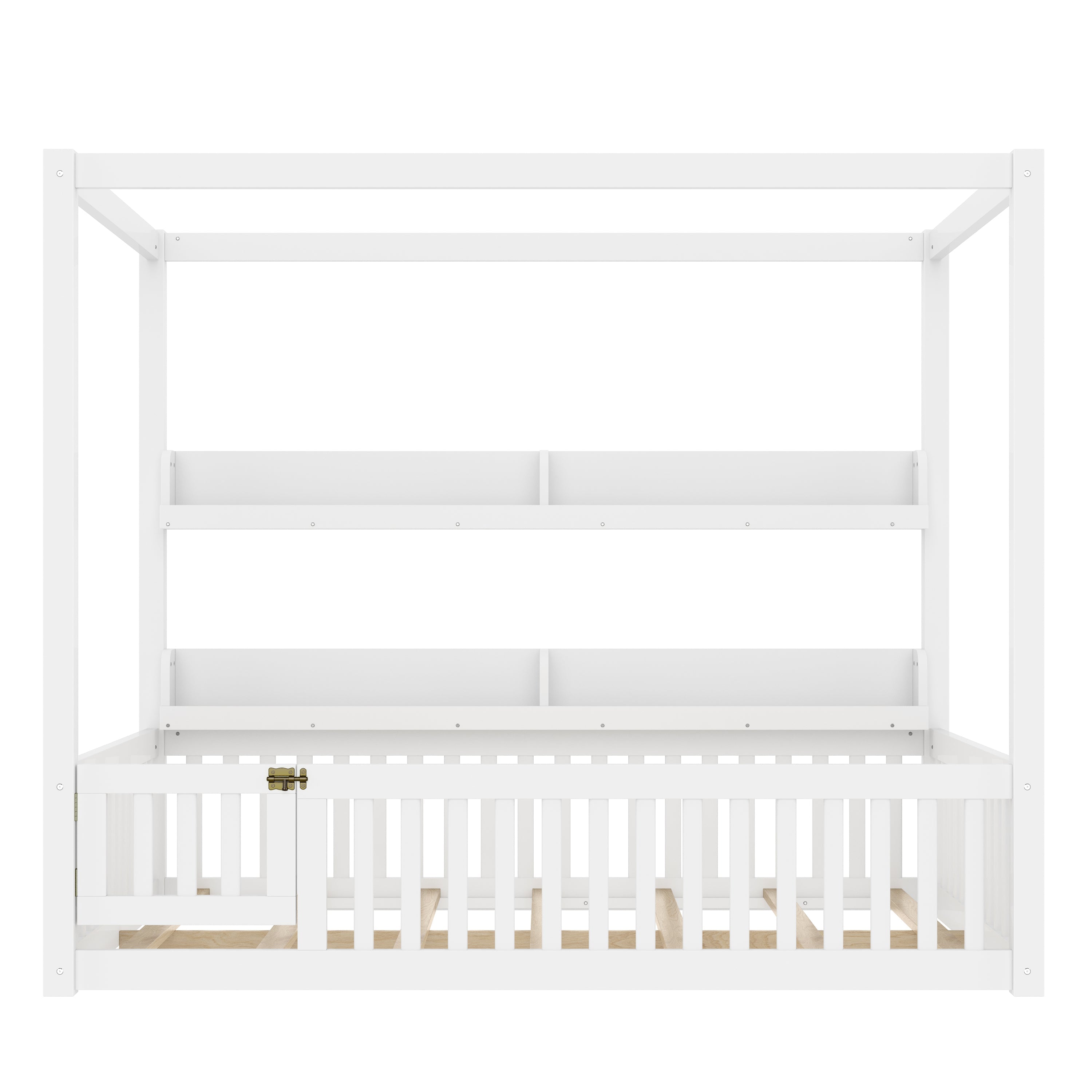 Full Size Canopy Bed with Guardrails, Solid Wood Floor Bed with Shelves, Montessori Floor Bed Frame for Kids, Boys, Girls, No Spring Box Needed, White