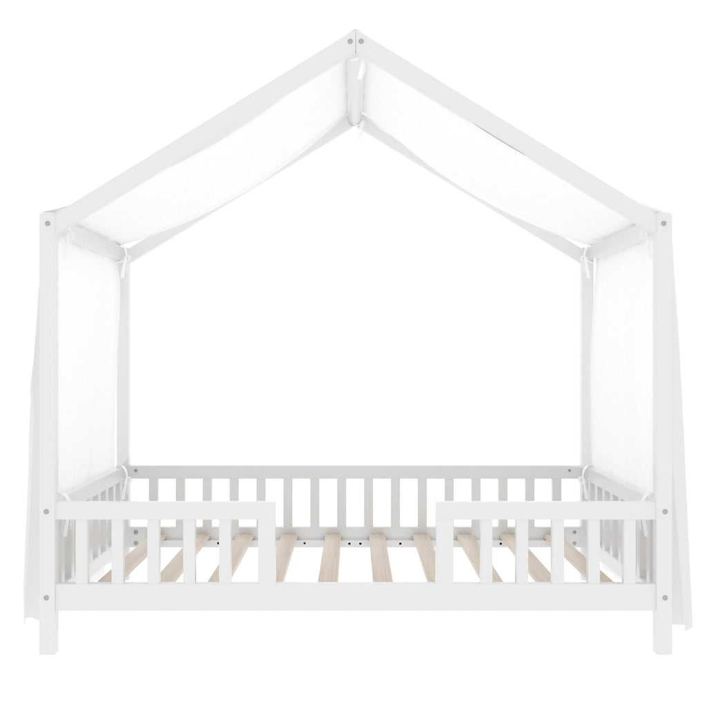 Montessori Floor Bed with Canopy, Twin Bed Frame for Kids, House Shape Kids Bed Frame with High Railings, Wood Kids Bed with Roof, Kid Twin Bed, White