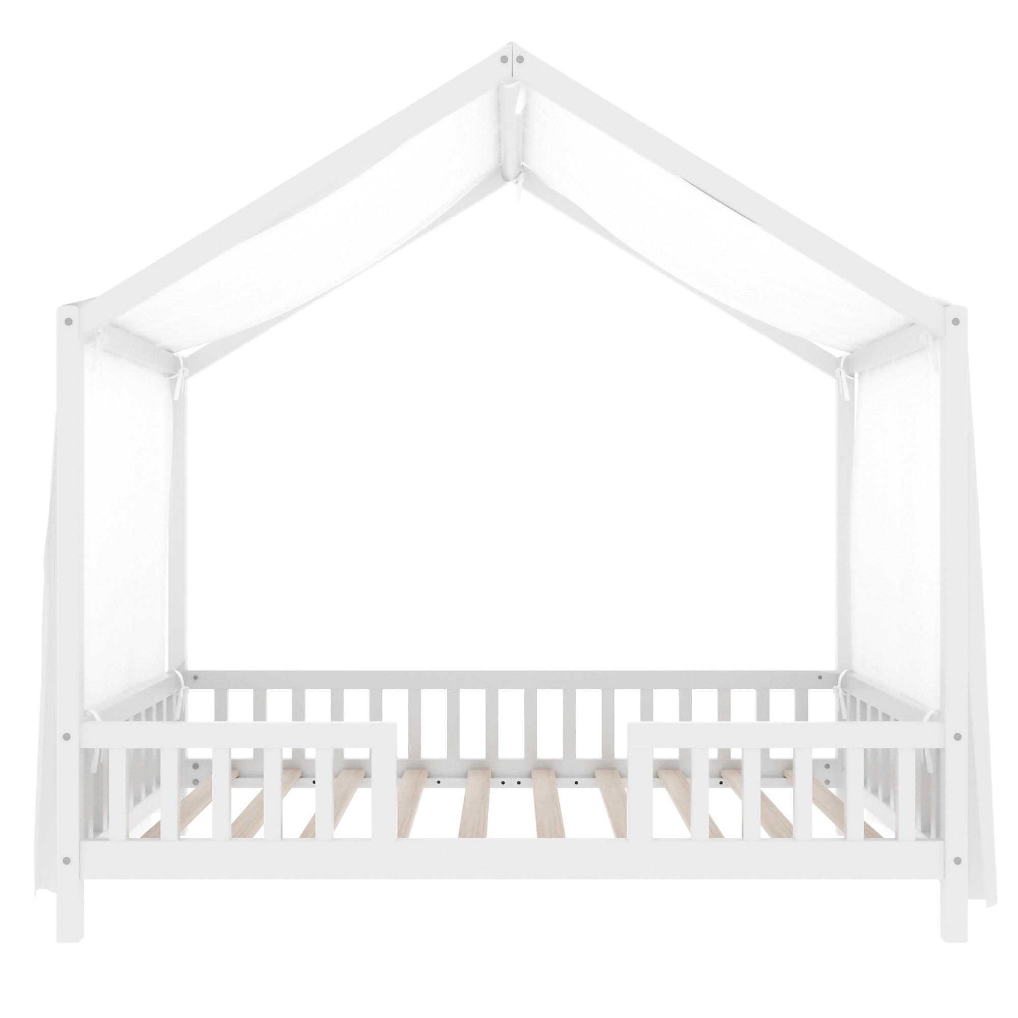 Montessori Floor Bed with Canopy, Twin Bed Frame for Kids, House Shape Kids Bed Frame with High Railings, Wood Kids Bed with Roof, Kid Twin Bed, White