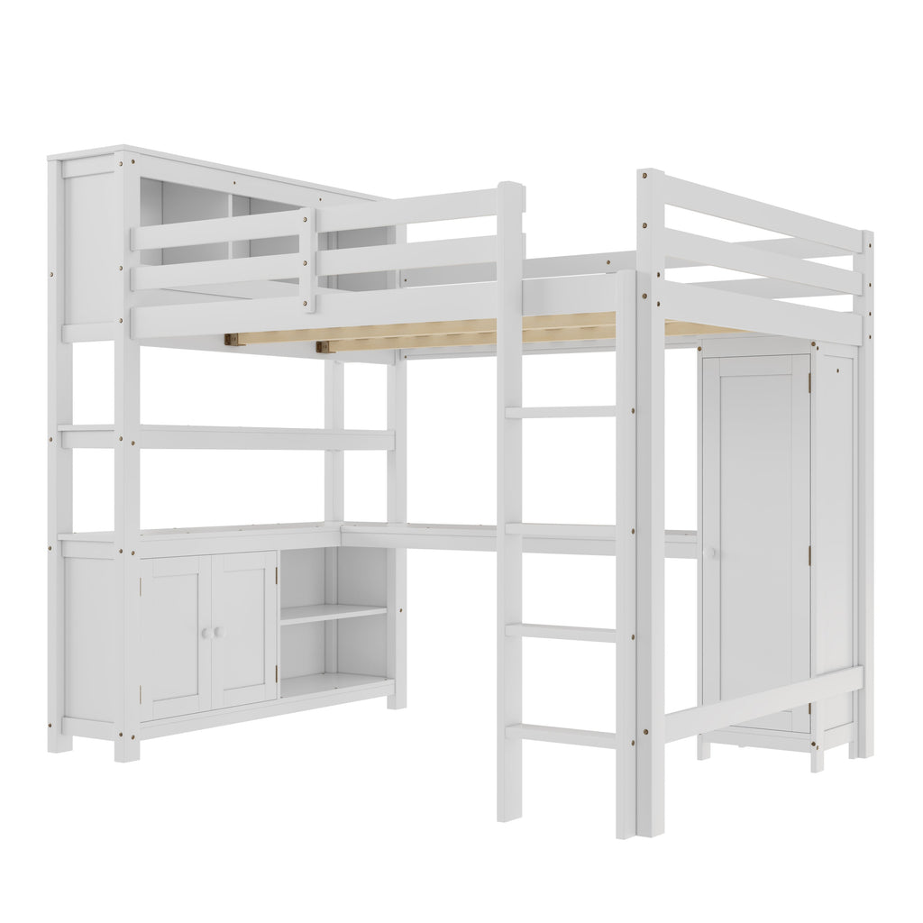 Wood Loft Bed with Cabinet and Bookshelf, Queen Size Loft with Wardrobe and Desk for Kids,White