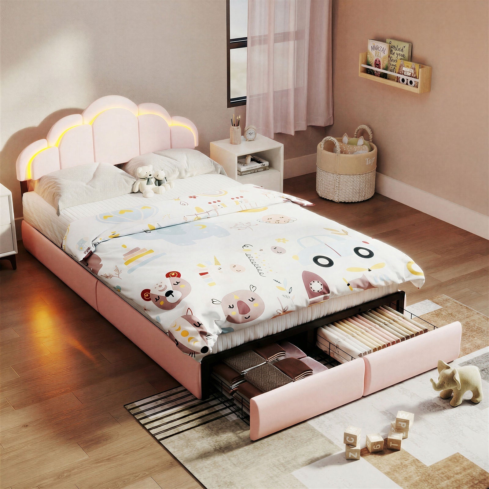 RGB LED Velvet Upholstered Platform Bed with Petal Headboard and Storage Drawers for Kids Bedroom in Pink, Wood+Metal Construction