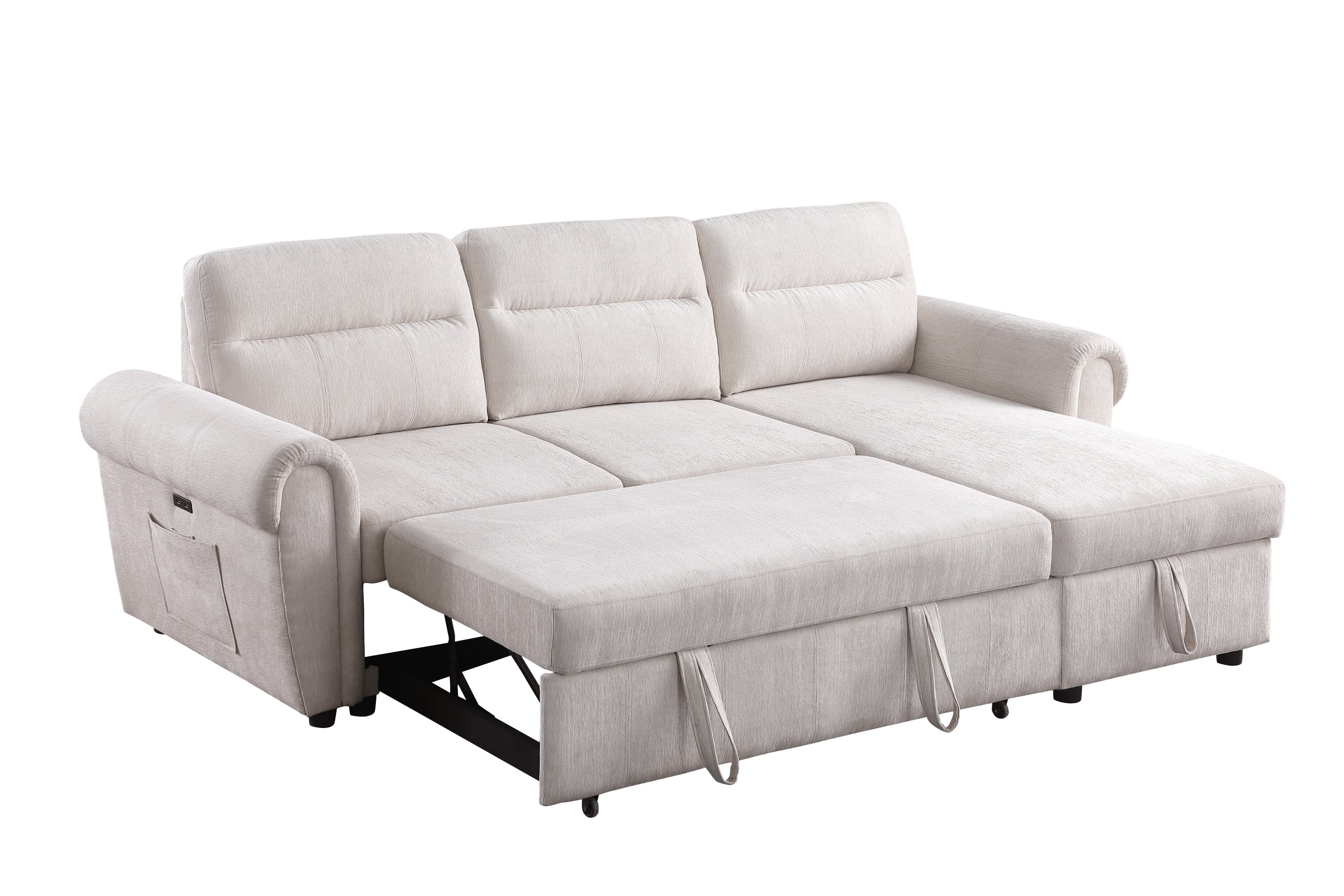 Hugo 97'W Beige Chenille Reversible Sleeper Sectional Sofa Chaise with USB Charger