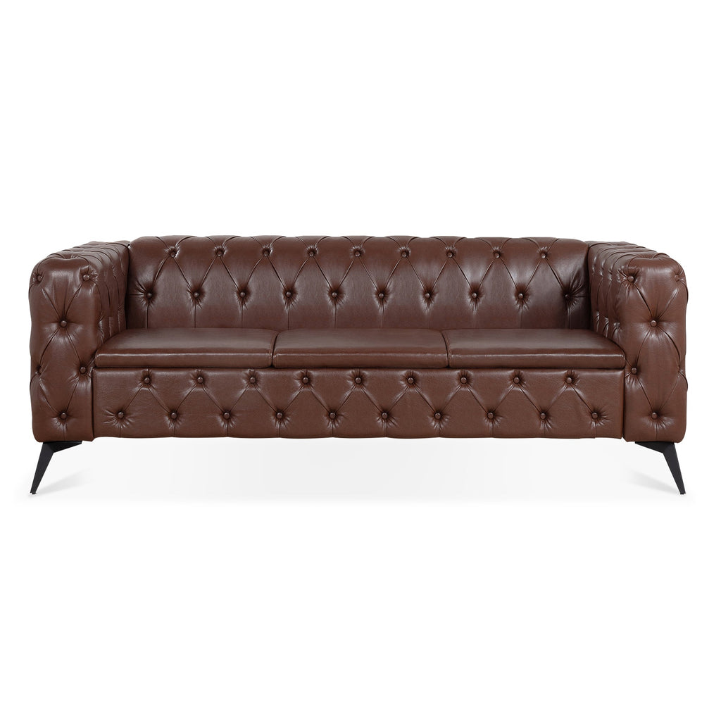 Traditional Square Arm 3-Seater Sofa with Removable Cushion, Dark Brown PU, 84.06 Inch