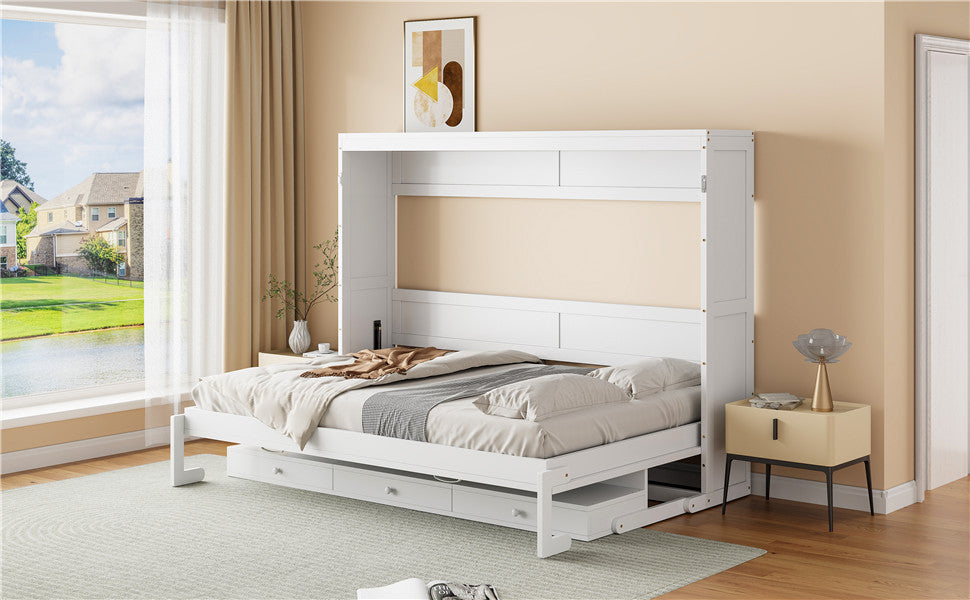 Queen Size Wall Murphy Bed with Storage, Foldable Cabinet Bed with Vanity Desk, Center Mirror & 2 Side Drawers, White