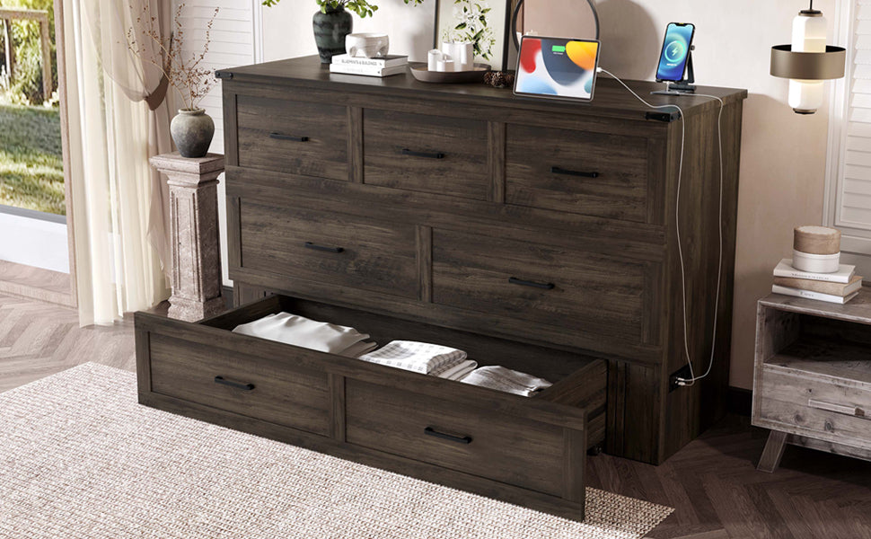 Murphy Bed Cabinet Queen Size with Charging Station, Multi-Functional Foldable Platform Bed with 1 Large Storage Drawer for Guest Room, Small Bedroom, Rustic Gray
