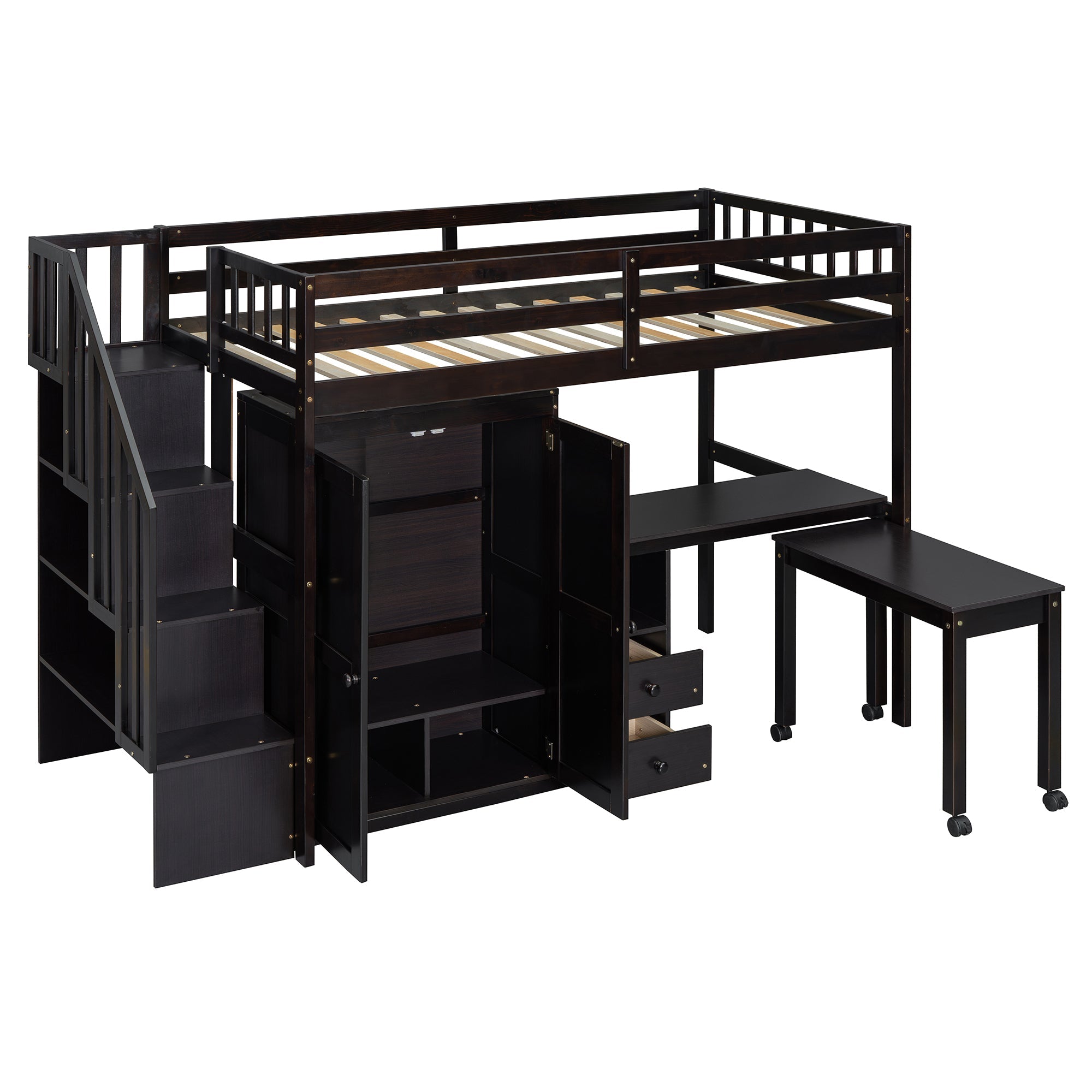 Twin Size Loft Bed with Stairs, Bookshelf, Drawers, Desk & Wardrobe – Space-Saving Multifunctional Furniture for Kids & Teens-Espresso