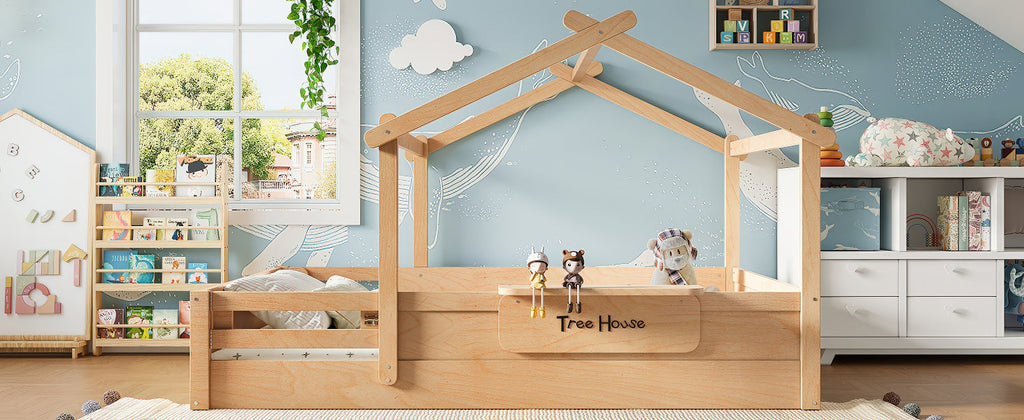Queen Size Floor Bed with Guardrails and Roof, Kids House Floor Bed with a Small Built-in Tray and Free-installed Signboard, Childlike Design,Natural
