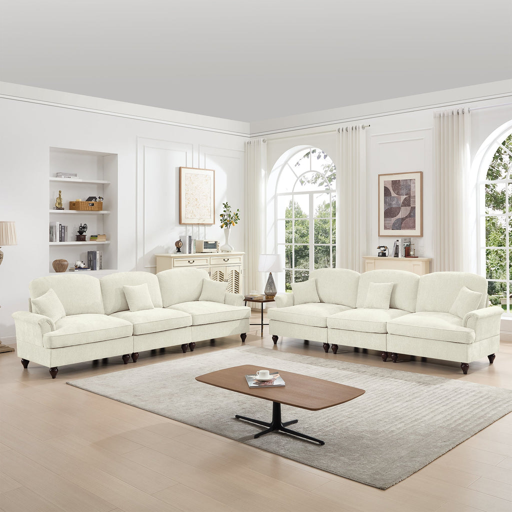 Classic 2 Piece Modular Couch Living Room Sofa Set with Flared Arms and Removable Ruffles Pleats Skirts and Spindle Legs, 3 Seater Sofa +3-Seat Loveseat Sofa Sets for Living Room, Beige White