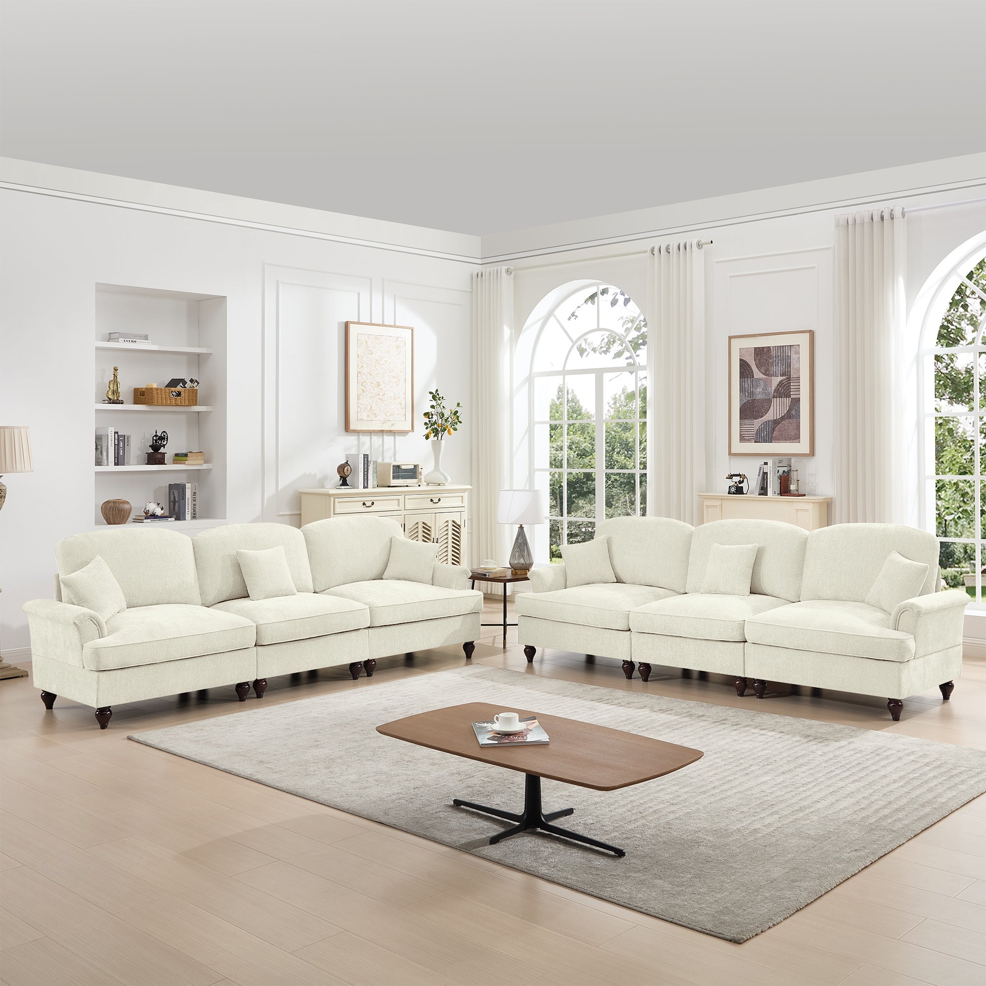Classic 2 Piece Modular Couch Living Room Sofa Set with Flared Arms and Removable Ruffles Pleats Skirts and Spindle Legs, 3 Seater Sofa +3-Seat Loveseat Sofa Sets for Living Room, Beige White