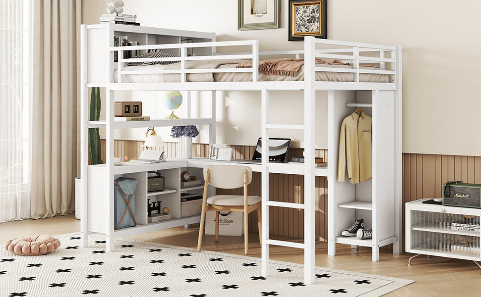 Metal Loft Bed with Wardrobe And L-shaped Desk, Full Size Loft Bed with Storage Cubes and Shelves, Heavy Duty Loft Bed for Kids Teens Adults, White