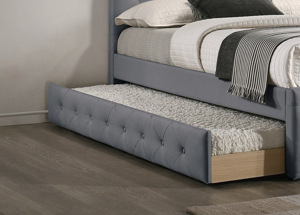 Contemporary Twin Size Bed w/ Trundle Slats Light Grey Burlap Upholstered Button Tufted Headboard Footboard Youth Bedroom Furniture wooden Slats 1pc Bed