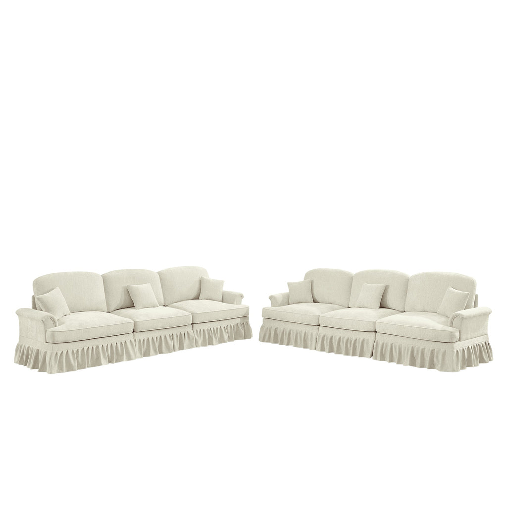 Classic 2 Piece Modular Couch Living Room Sofa Set with Flared Arms and Removable Ruffles Pleats Skirts and Spindle Legs, 3 Seater Sofa +3-Seat Loveseat Sofa Sets for Living Room, Beige White