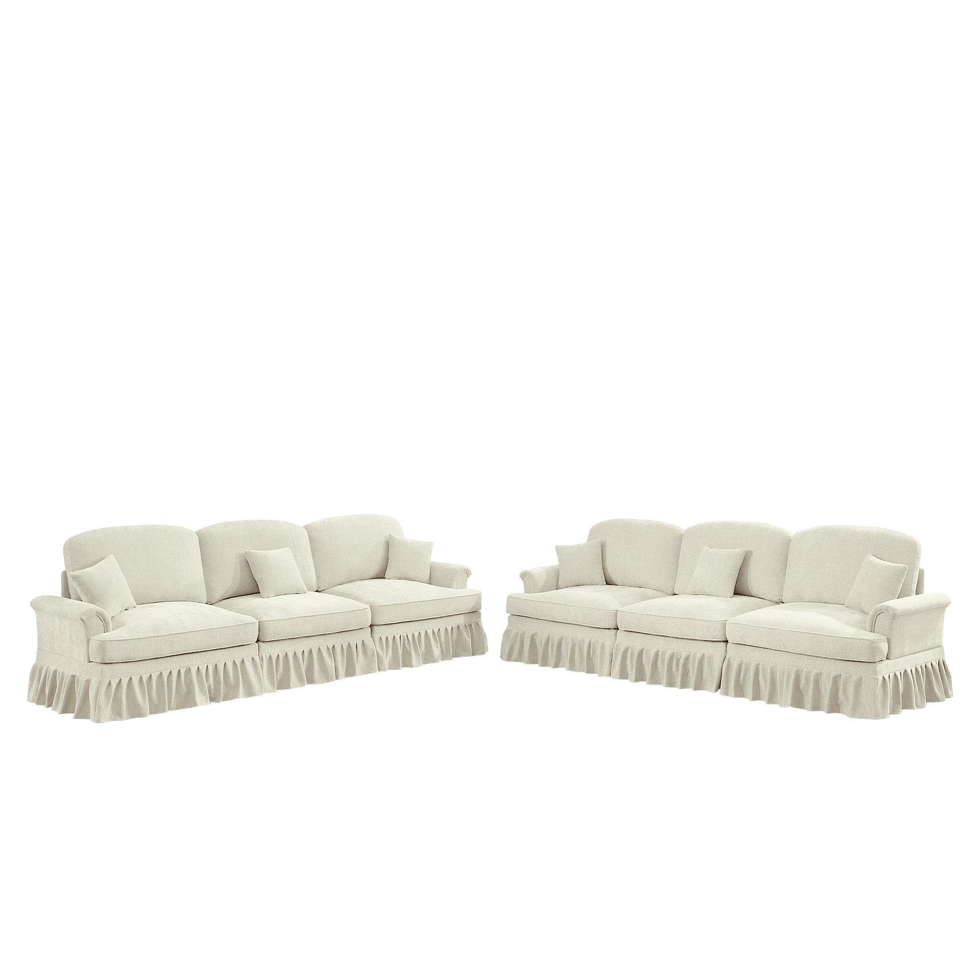 Classic 2 Piece Modular Couch Living Room Sofa Set with Flared Arms and Removable Ruffles Pleats Skirts and Spindle Legs, 3 Seater Sofa +3-Seat Loveseat Sofa Sets for Living Room, Beige White