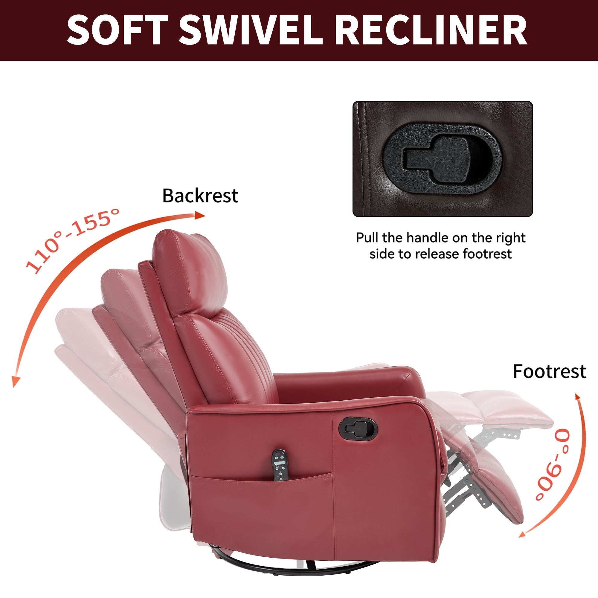 Red Faux Leather Heat Massage Manual Recliner Chair with Rocker and Swivel for Living Room