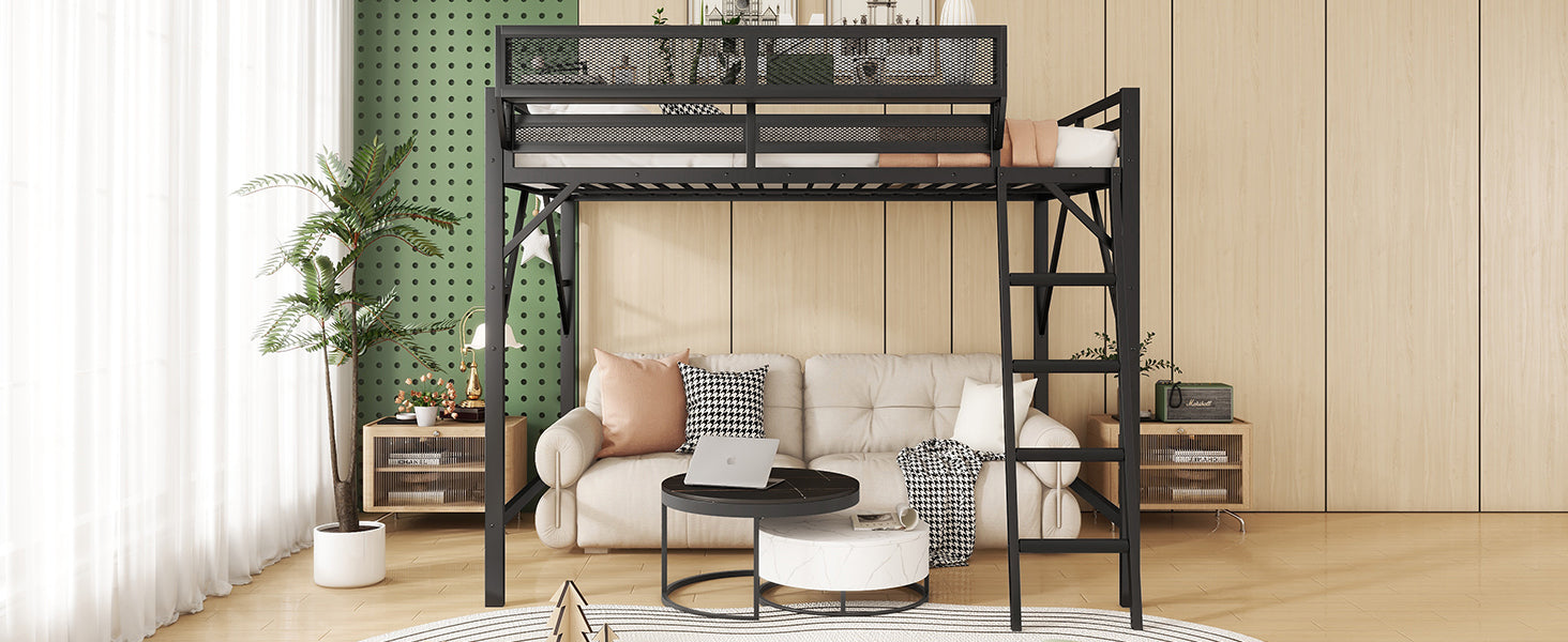 Full Size Loft Bed with Ladder, Metal Full Loft Bed with Storage Shelves, High Loft Bed for Kids Teens, Black(Expect Arrival Date 2025/11/26, Old SKU W2580P353531)