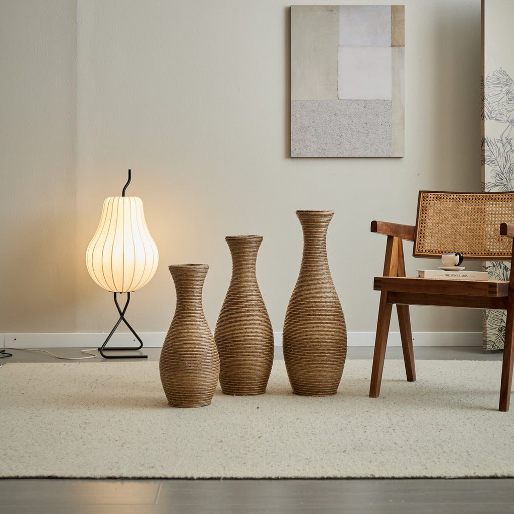 3-Piece Artificial Rattan Floor Vase Set – Decorative Accent for Living Room, Hallway & Entryway, Ideal for Dried or Silk Flower Arrangements, Beige