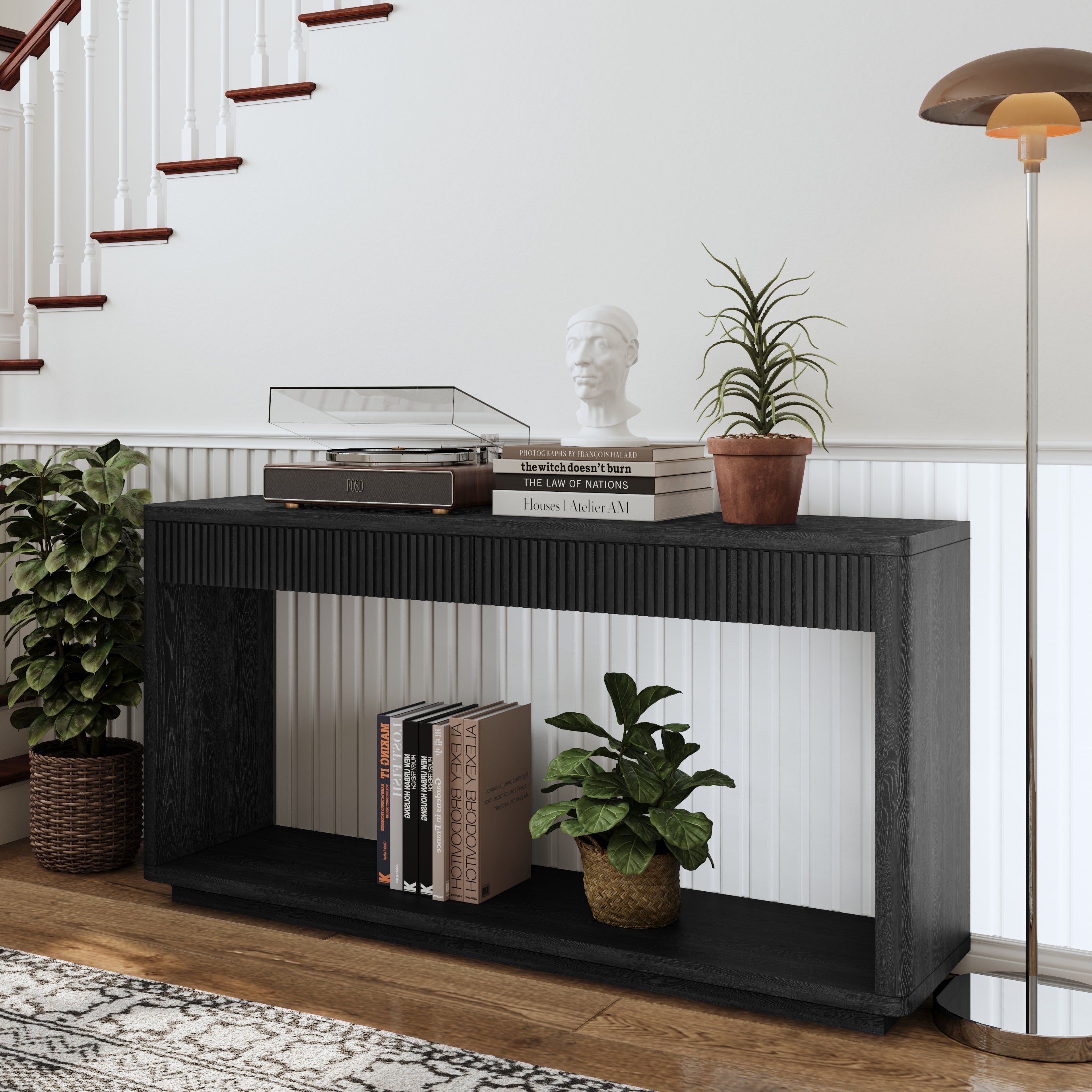 60' Modern 2-Drawer Fluted Console Table Natural Wood Veneer Sofa Table Behind Couch Table for Living Room, Hallway, Entryway, Home Office, Black