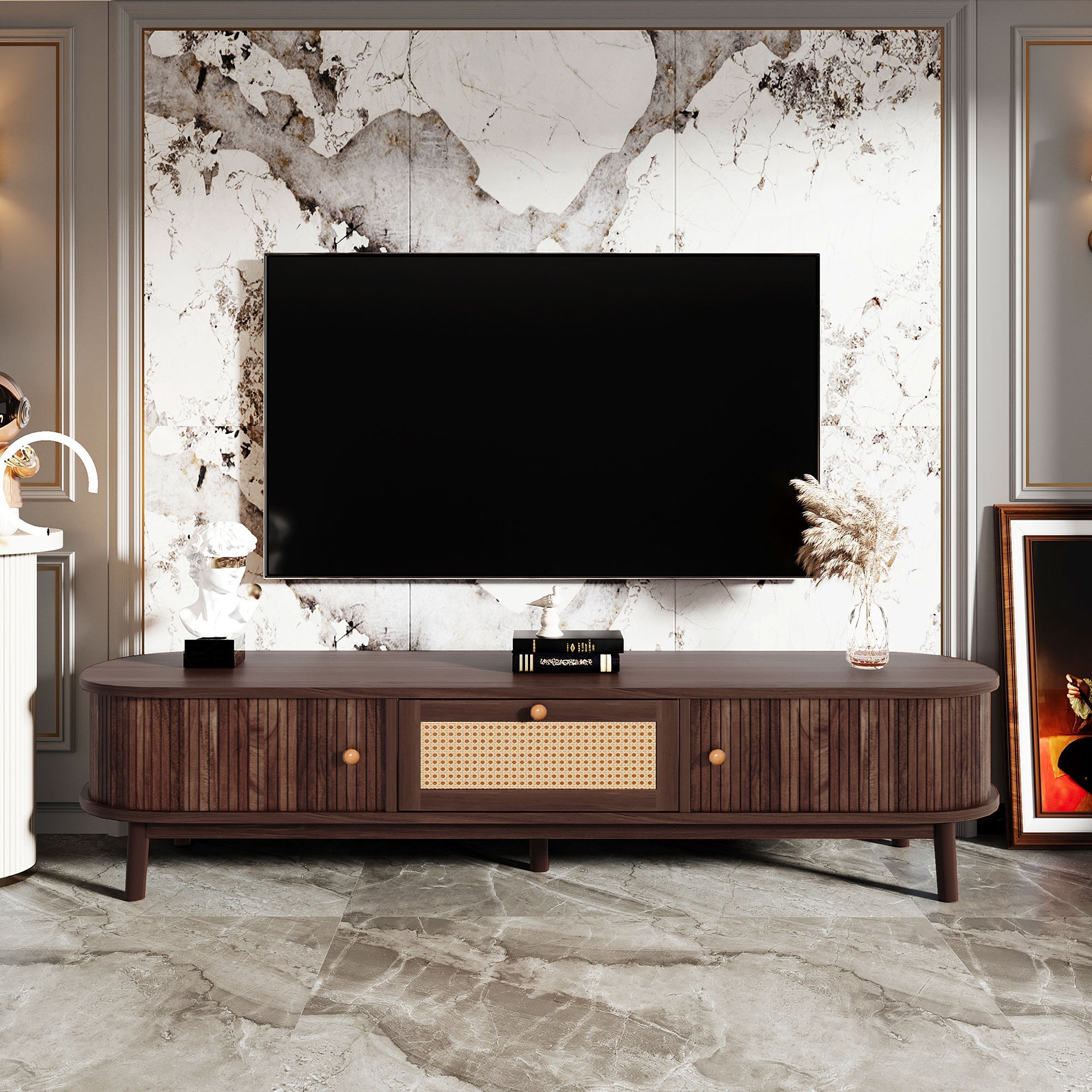 Modern Design TV Stand for 75' TVs, Media Console TV Cabinet with Rattan-Front Drawer for Living Room, 1 Drawer and 2 Sliding-Door Cabinets