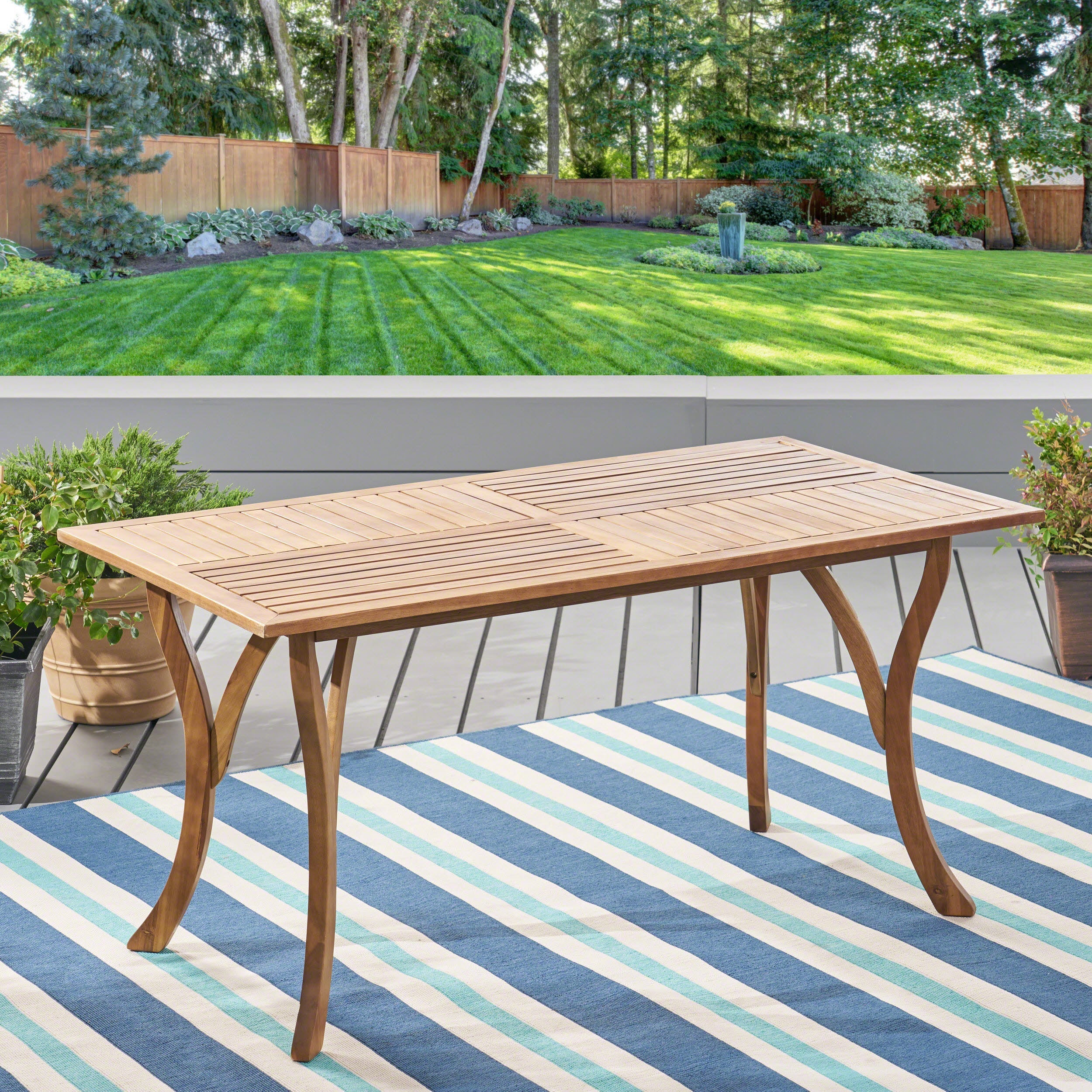 Outdoor Rectangular Table with Curved Legs and Perpendicular Wooden Slats Table Top, Teak