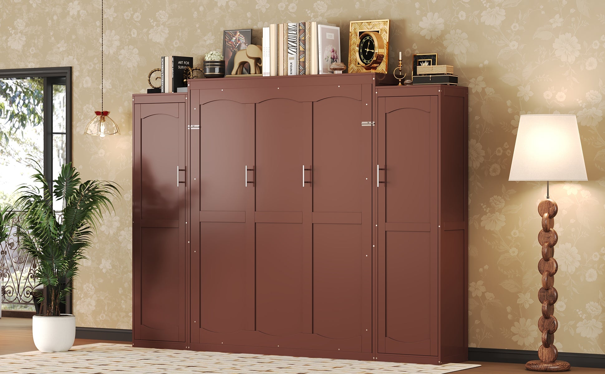 Full Size Murphy Bed, Wooden Full Wall Bed with 2 Wardrobe and Storage Shelf, Multifunctional Foldable Platform Bedframe for Guest-Room, Bedroom, Walnut
