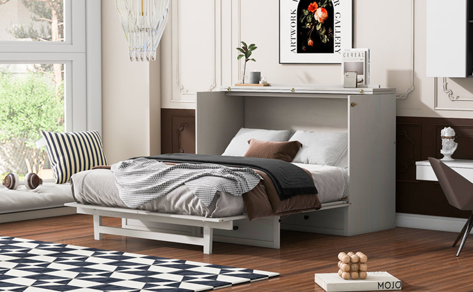 Queen Size Murphy Bed with Large Drawers & USB Ports,Brushed White
