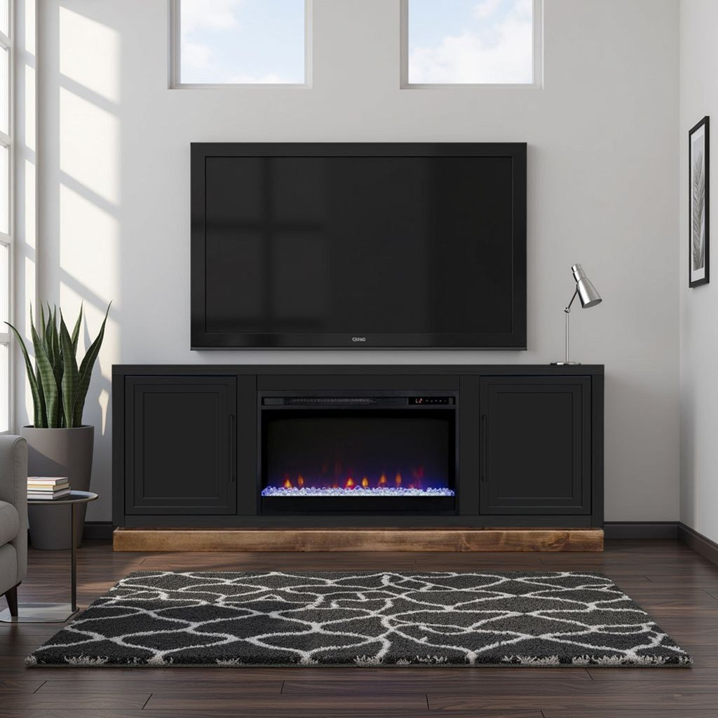Nora 64 inch Fireplace TV Stand, for TVs up to 85 inches, Black and Whiskey Finish
