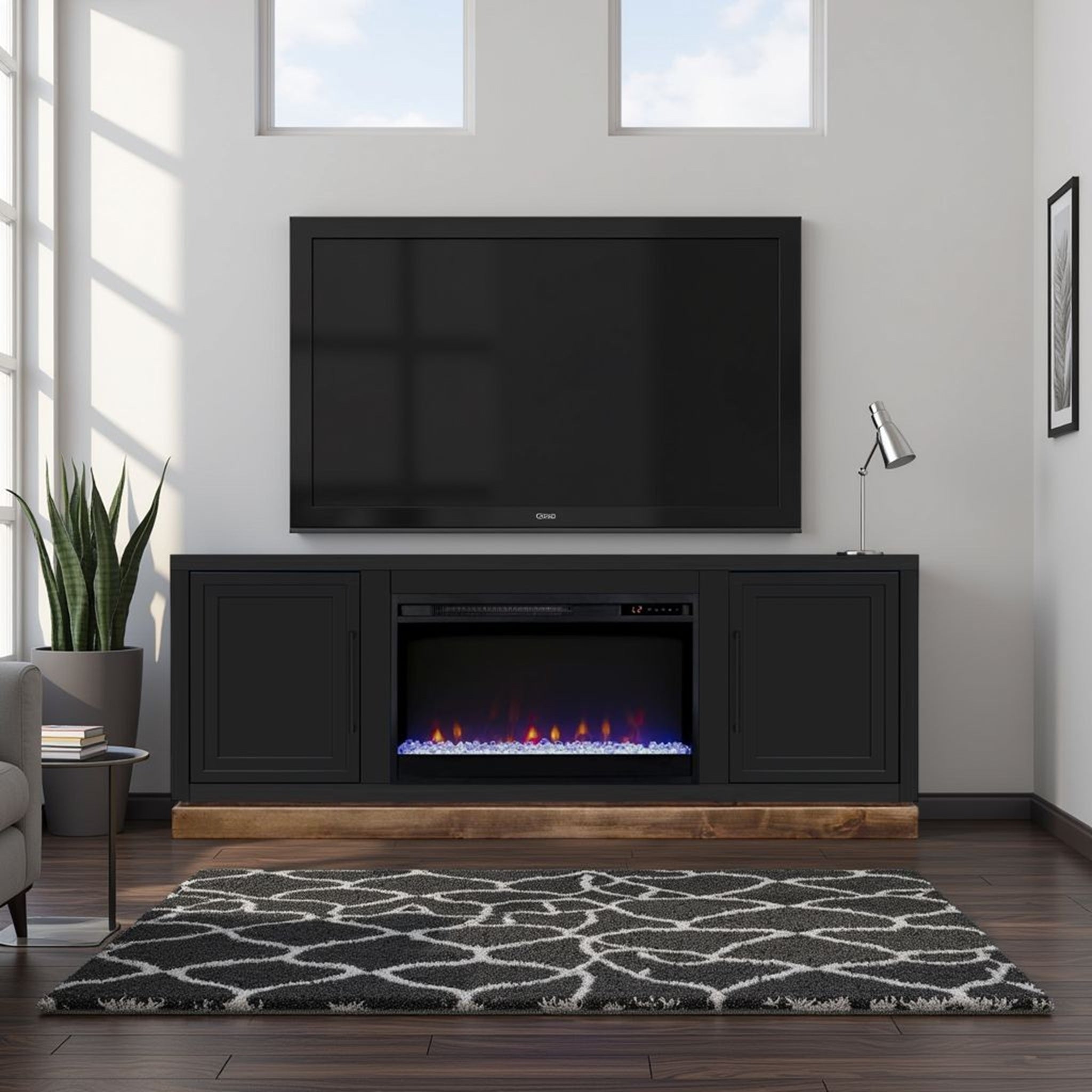 Nora 64 inch Fireplace TV Stand, for TVs up to 85 inches, Black and Whiskey Finish