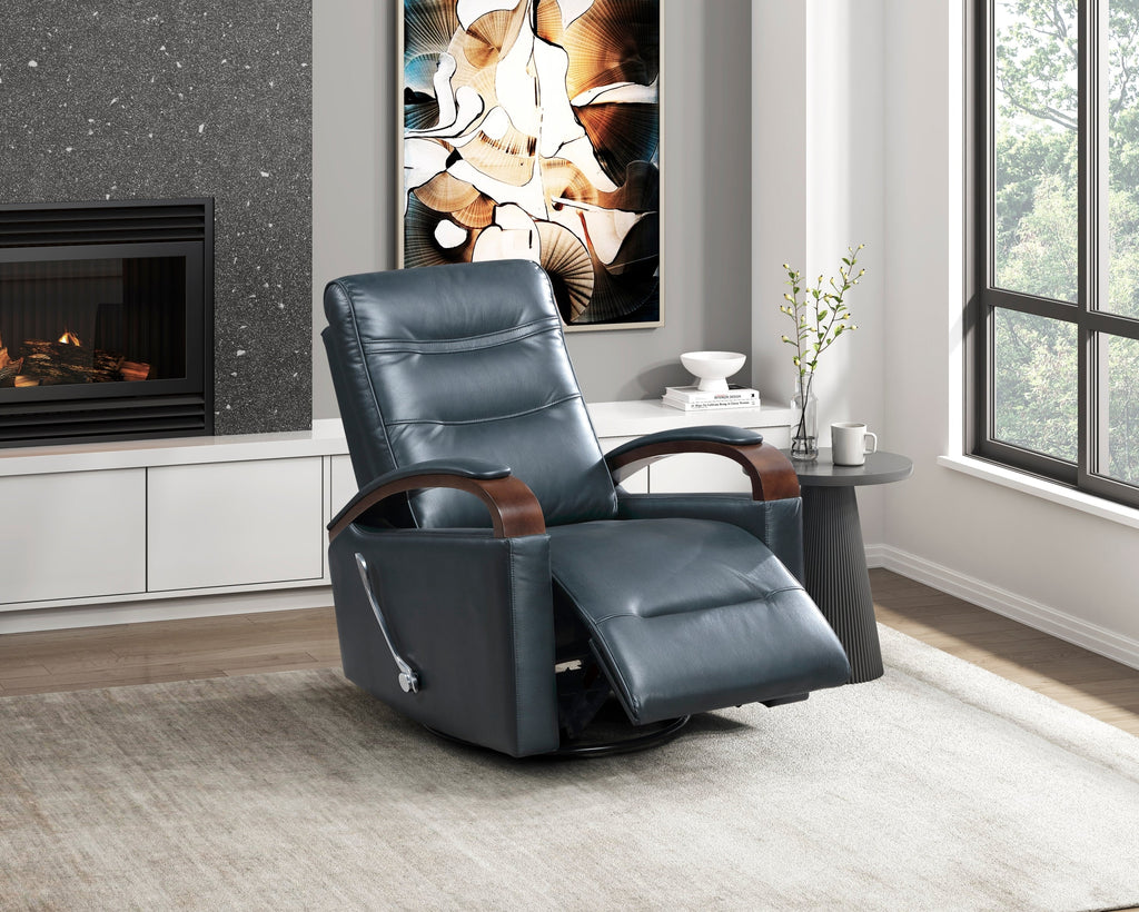 1pc Swivel Gliding Recliner Faux Leather Upholstered Solid Rubberwood Arms Luxurious Living Room Furniture, Navy