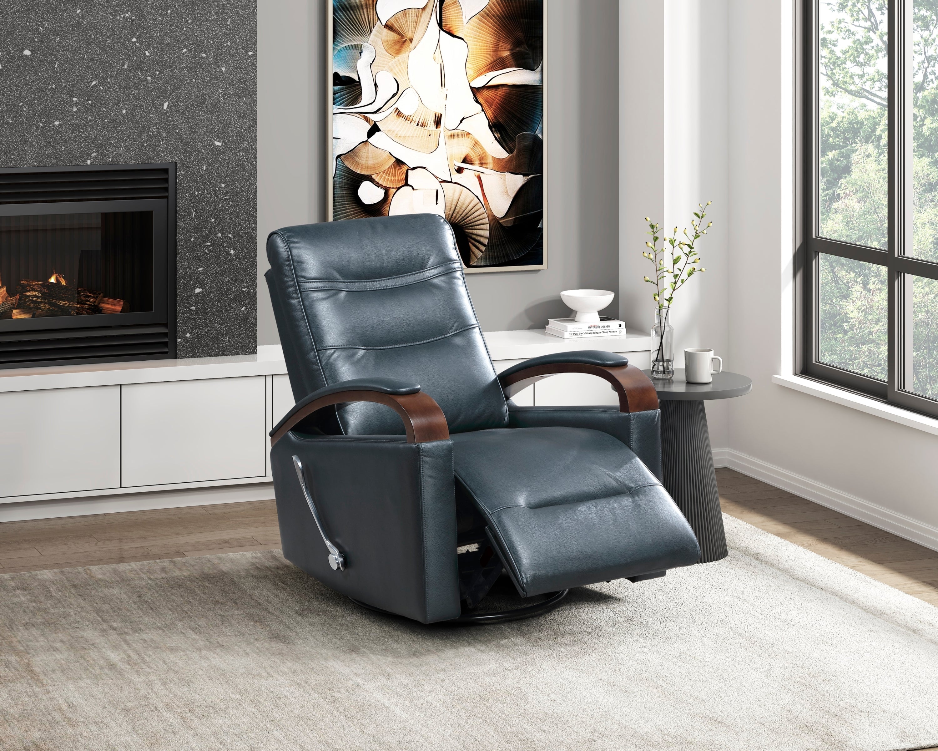 1pc Swivel Gliding Recliner Faux Leather Upholstered Solid Rubberwood Arms Luxurious Living Room Furniture, Navy