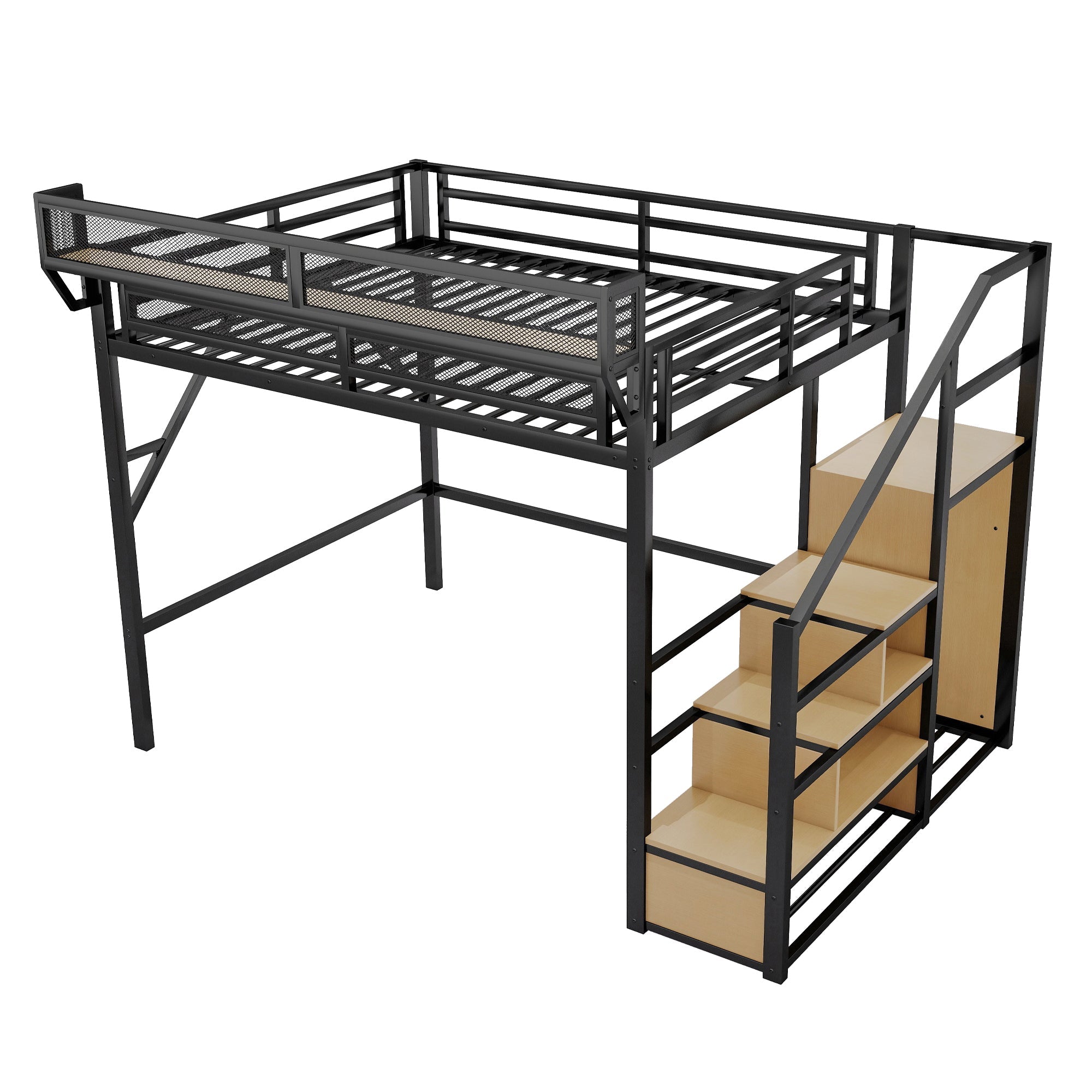 Queen Size Loft Bed with Stairs, Metal Queen Loft Bed with Storage Shelves, High Loft Bed with Wardrobe for Kids Teens Adults, Black(Old SKU W2580S00026 ) Patent Products