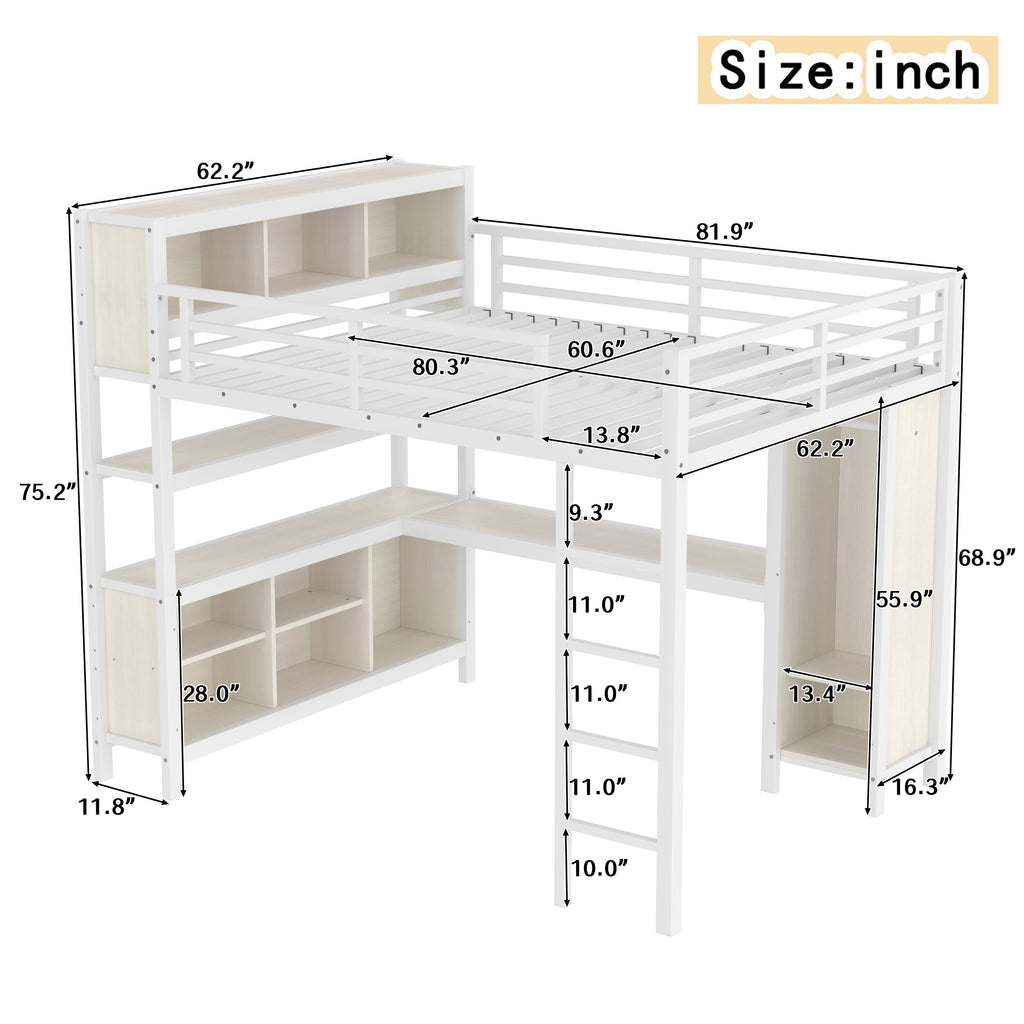 Metal Loft Bed with Wardrobe And L-shaped Desk, Queen Size Loft Bed with Storage Cubes and Shelves, Heavy Duty Loft Bed for Kids Teens Adults, White Wood-grain