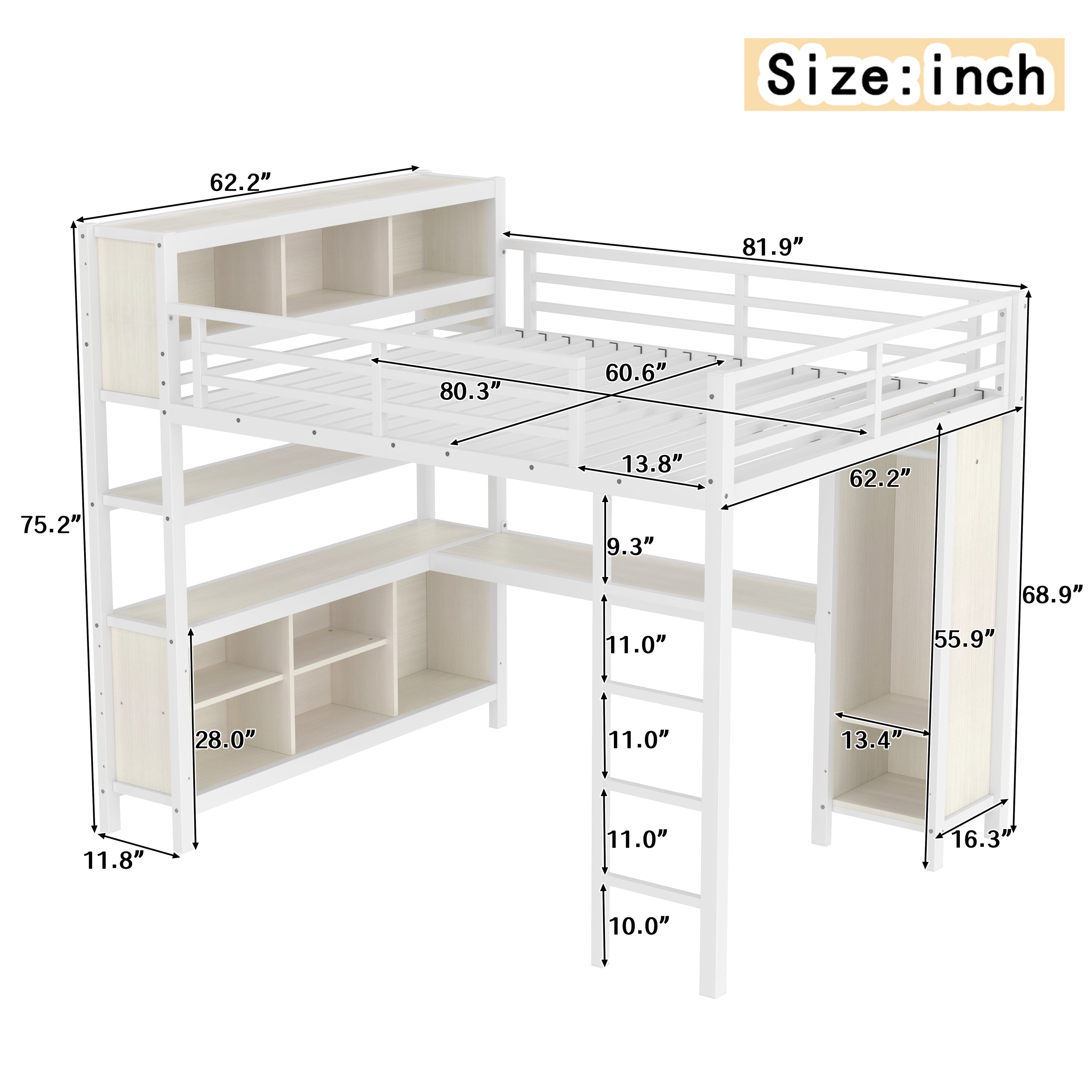 Metal Loft Bed with Wardrobe And L-shaped Desk, Queen Size Loft Bed with Storage Cubes and Shelves, Heavy Duty Loft Bed for Kids Teens Adults, White Wood-grain