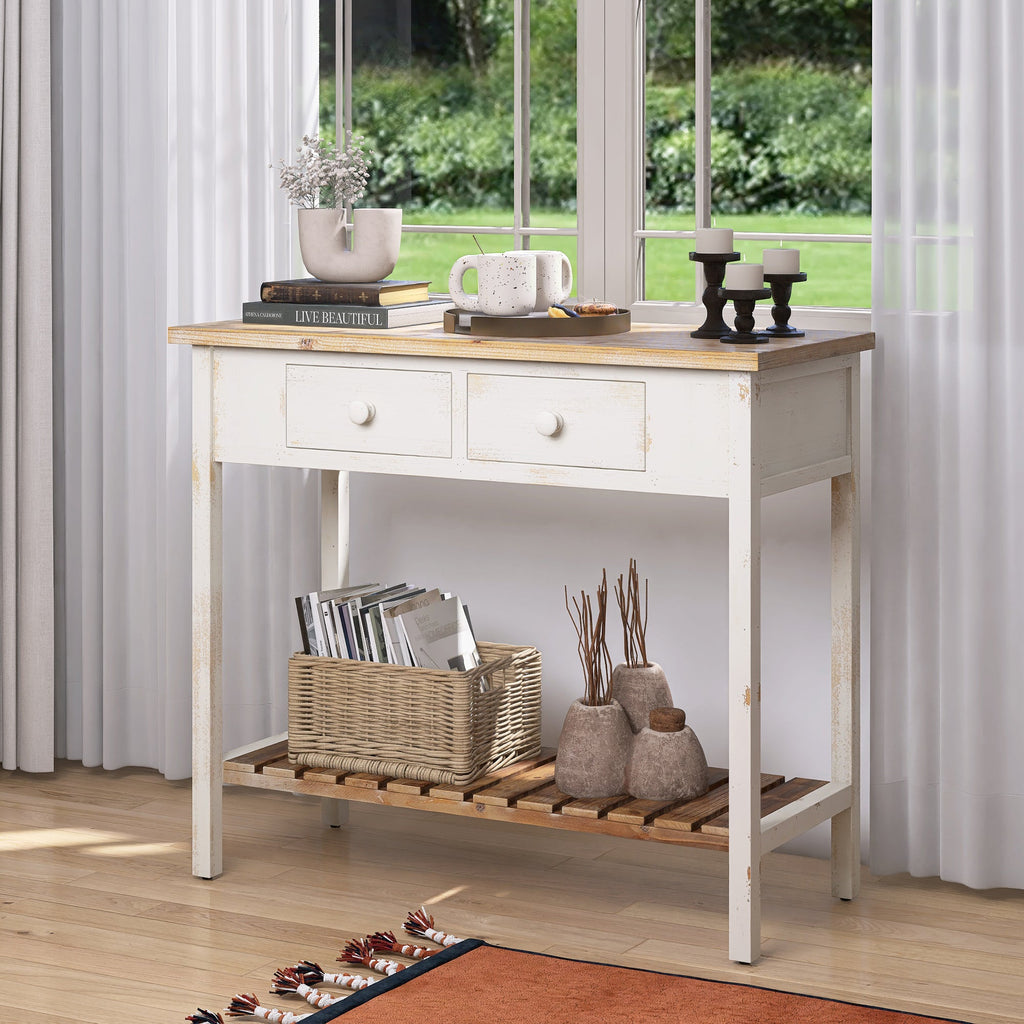 Vintage Two - Drawer Console Table with Open Shelf, Distressed Finish for Entryway & Living Room