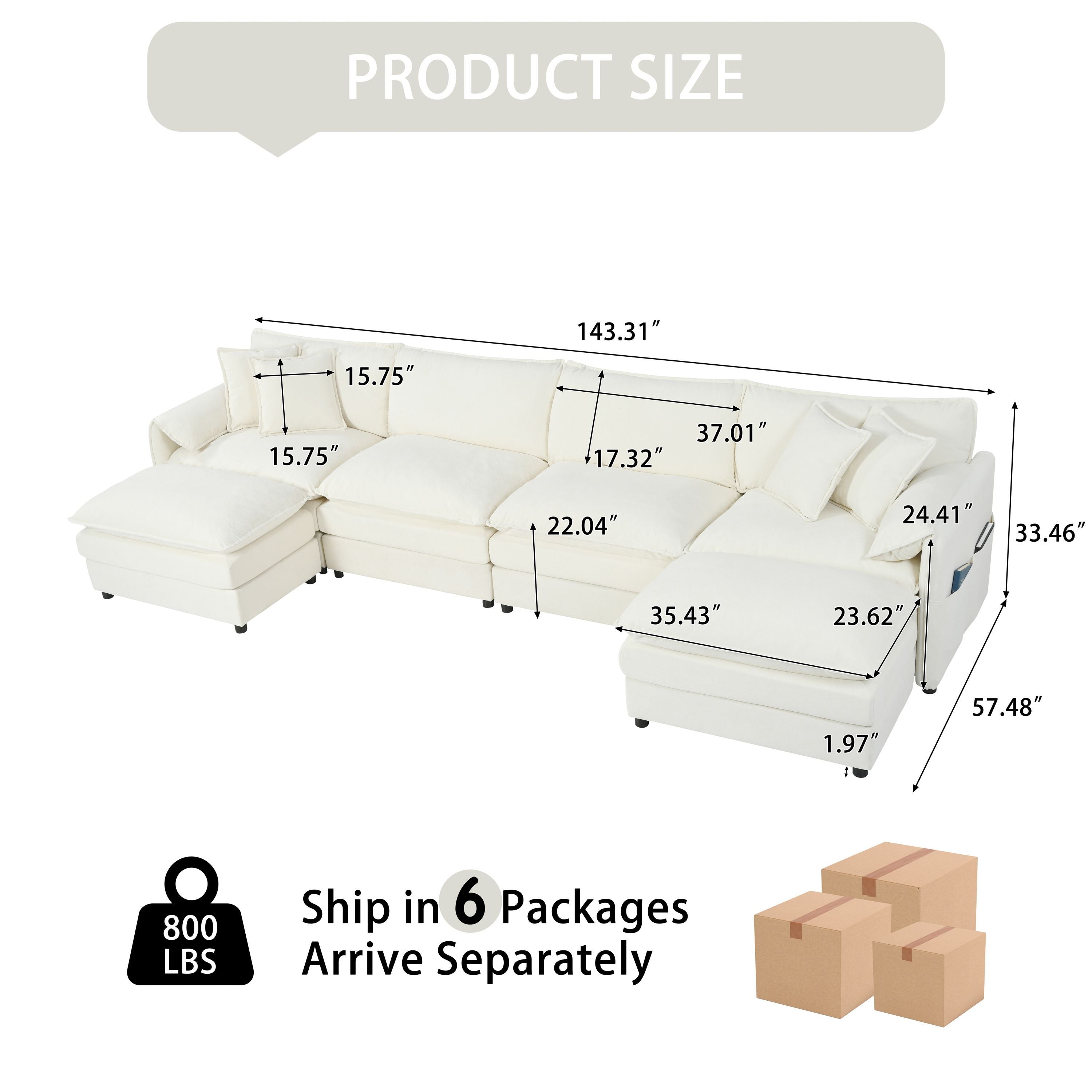 Modular Sectional Sofa, Oversized Deep Seat U Shaped Couch Set for Living Room, 4-Seater Comfy Cloud Couches with 2 Movable Ottomans, DIY Combination, Chenille,Beige