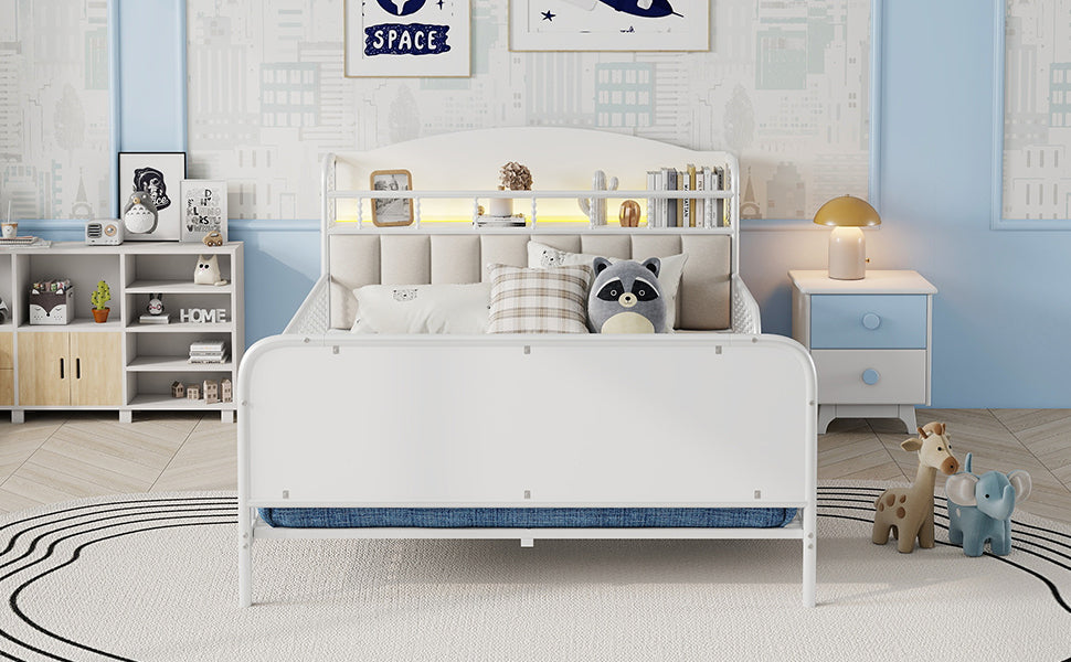 Full Size Metal Platform Bed Frame with Light, Kids Full Metal Bed with Upholstered and Storage Headboard, White (Expect Arrival Date 2025/10/5)