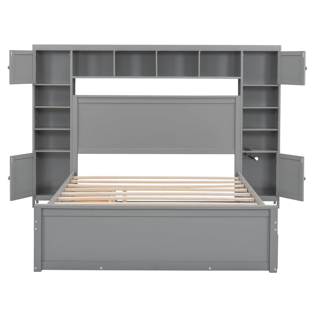 Queen Size Wooden Bed With All-in-One Cabinet, Shelf and Sockets,Twin XL Trundle, Gray