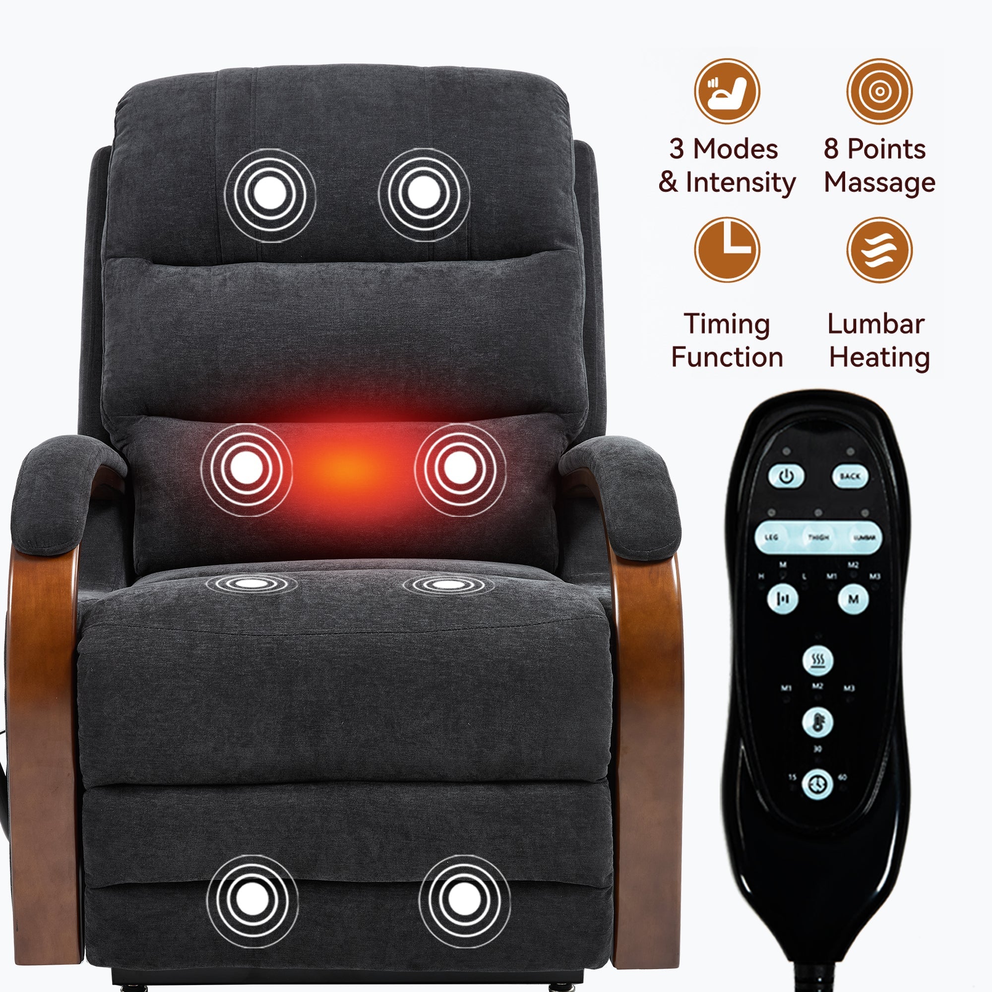 Power Black Chenille Lift Recliner Chair Dual Motor Infinite Position Up to 350 LBS with Solid Wood Armrests, Heat Massage and Heavy Duty Motion Mechanism
