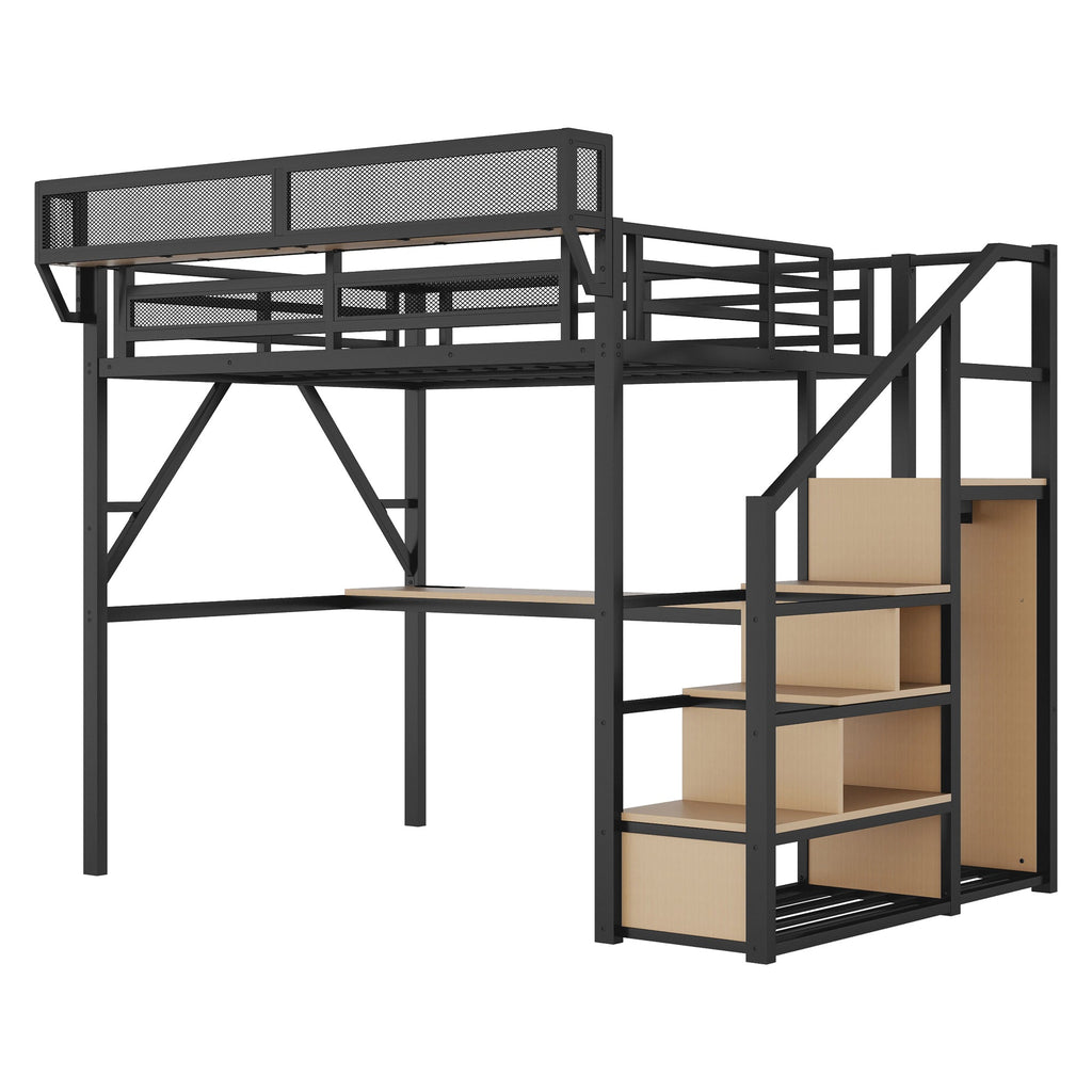 Full Loft Bed with Desk and Charging Station, Full Size Metal Loft Bed with Stairs and Light for Kids Teens, Black, Patent Products