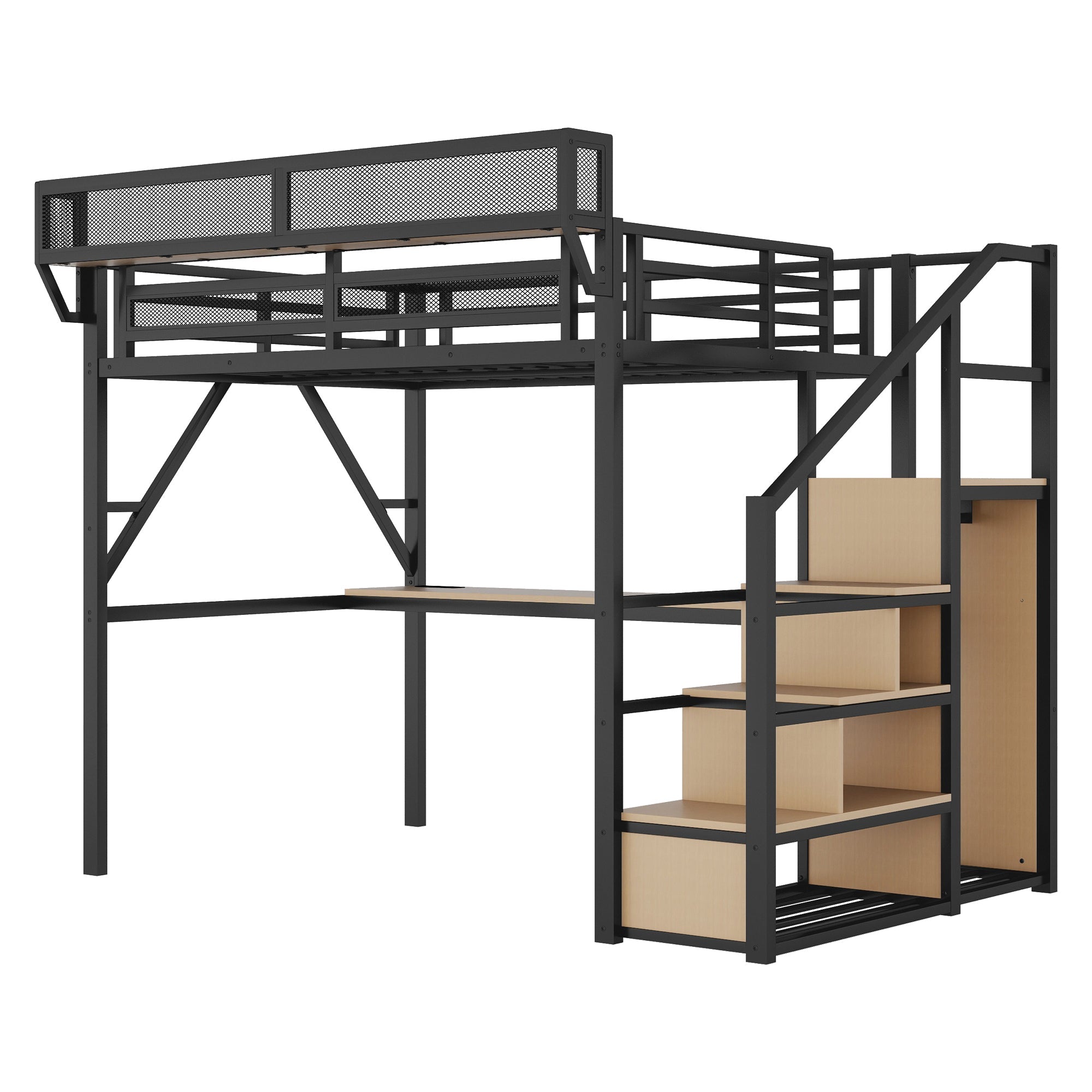 Full Loft Bed with Desk and Charging Station, Full Size Metal Loft Bed with Stairs and Light for Kids Teens, Black, Patent Products