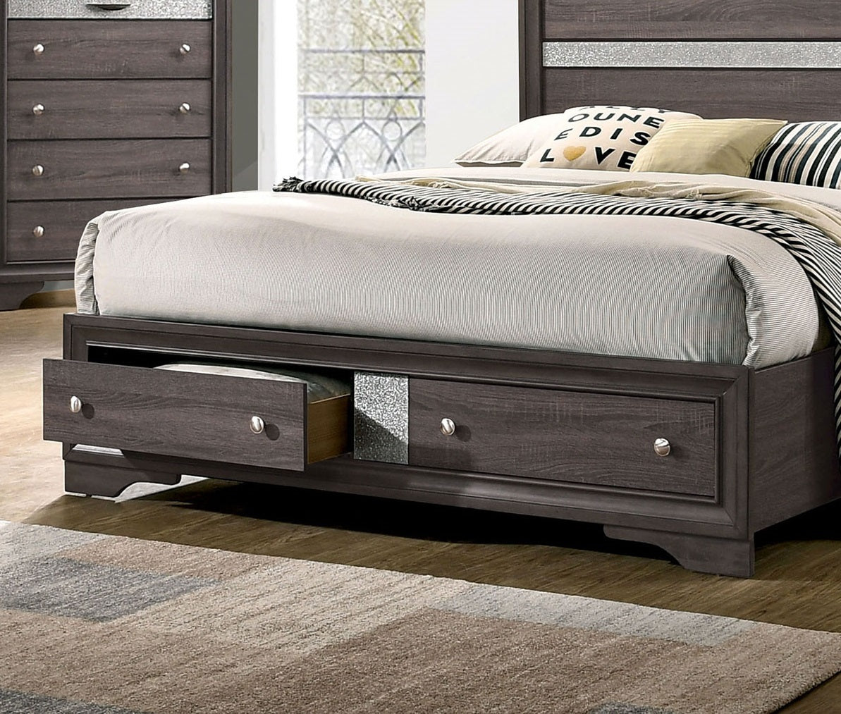 Contemporary Gray Color Panel Headboard 1pc Queen Size Bed w Drawers Beautiful Bedroom Furniture