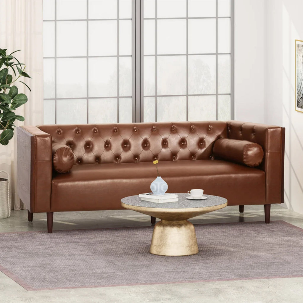 Contemporary 3-Seater Sofa with Tufted Design in Light Brown PU and Wood Accents