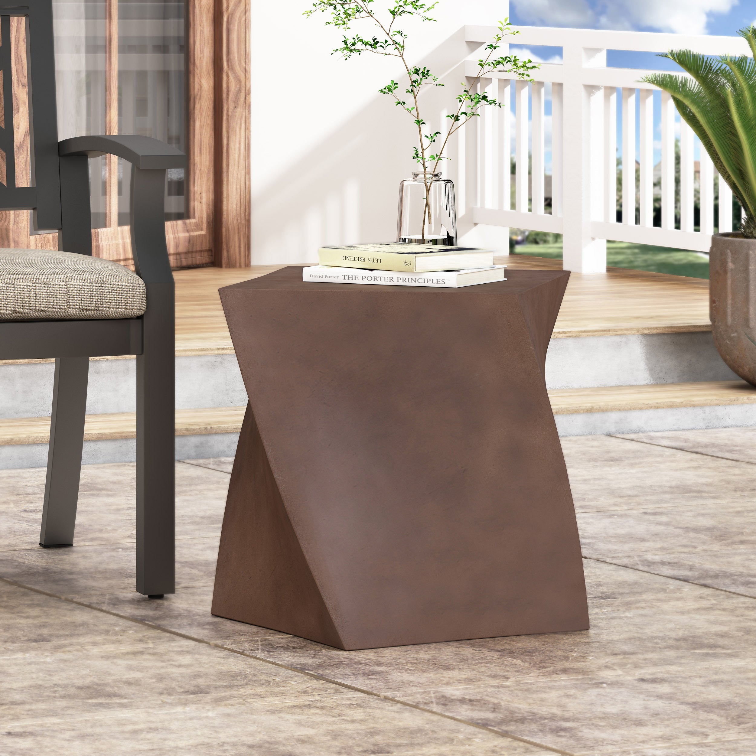 Modern Outdoor Lightweight Concrete Side Table with Abstract Design in Brown Magnesium Oxide, 21 x 21 x 18 Inches