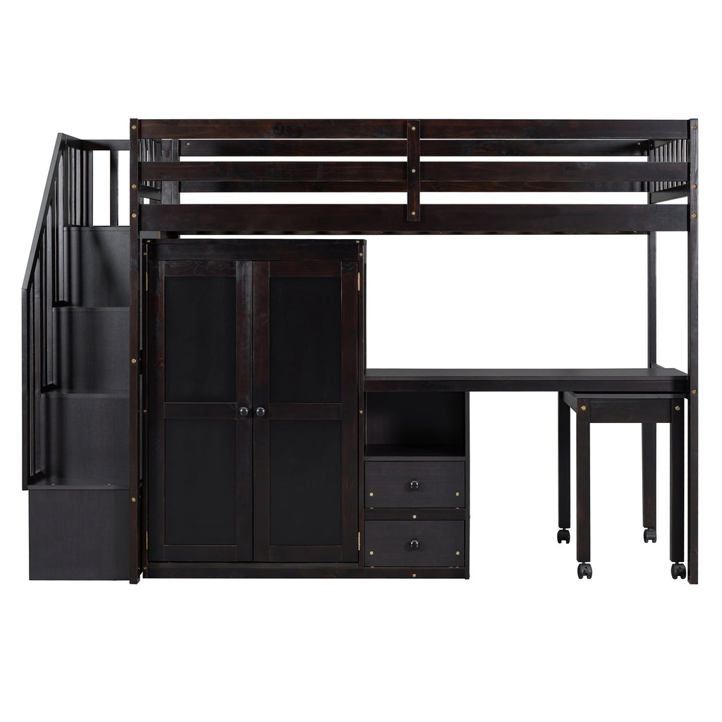 Twin Size Loft Bed with Stairs, Bookshelf, Drawers, Desk & Wardrobe – Space-Saving Multifunctional Furniture for Kids & Teens-Espresso