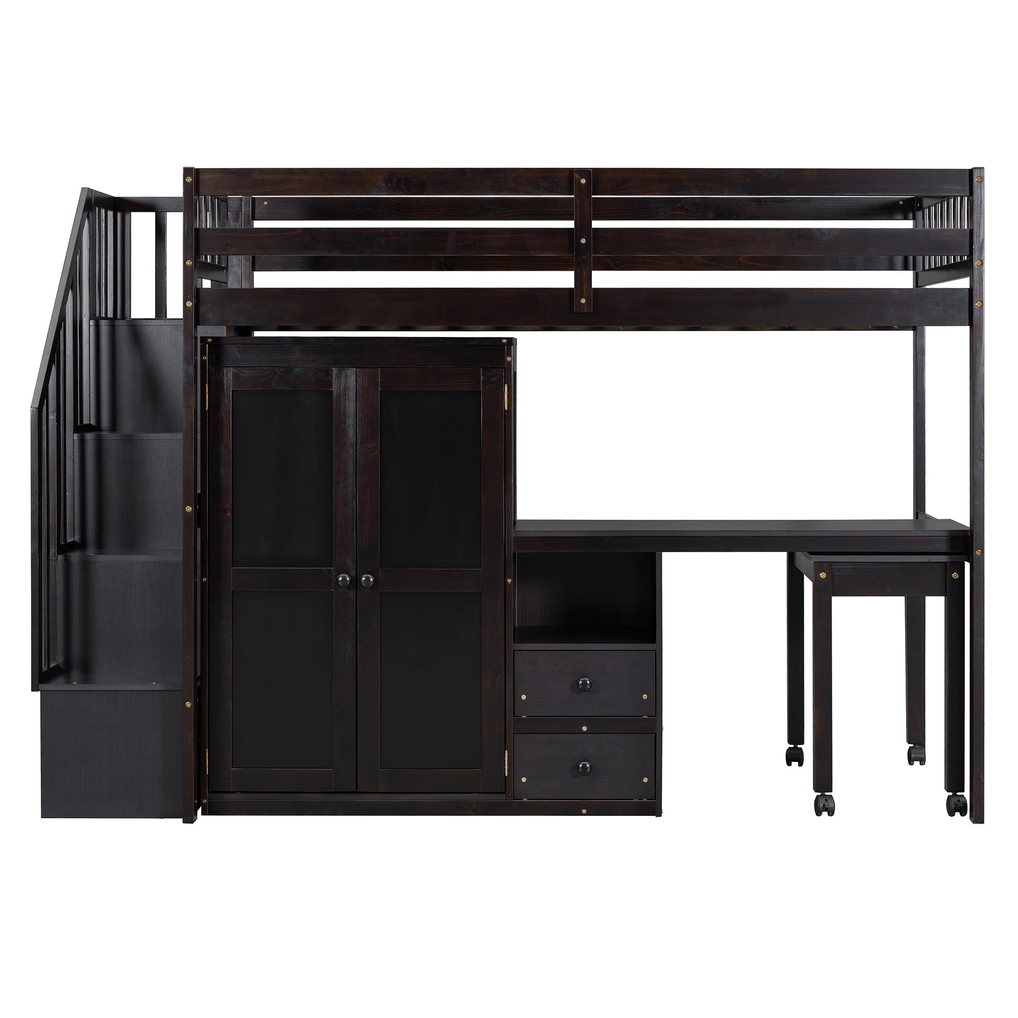 Twin Size Loft Bed with Stairs, Bookshelf, Drawers, Desk & Wardrobe – Space-Saving Multifunctional Furniture for Kids & Teens-Espresso