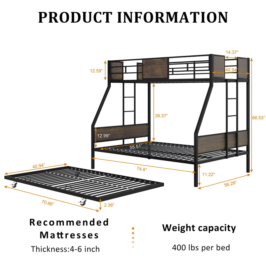 Twin Over Full Bunk Beds with Trundle, Metal Bunk Bed Frame with Safety Guardrail and 2 Ladder for Kids,Sturdy Metal Frame and Protective Board Supports, No Box Spring Needed, Easy Assembly