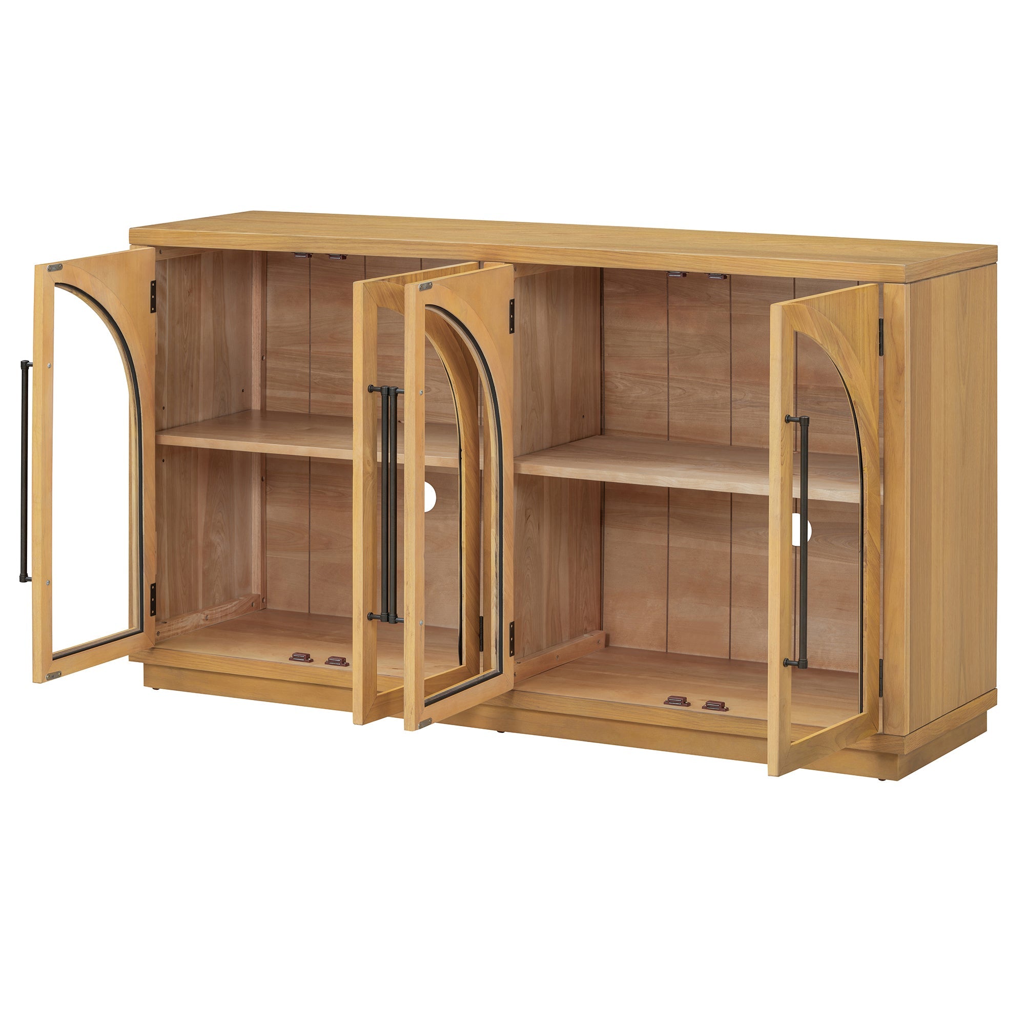 TREXM 4-Door Large Storage Sideboard Buffet Cabinet with Glass Doors, Arched Cabinet with Adjustable Shelves for Kitchen, Dining Room and Living Room (Natural Wood)