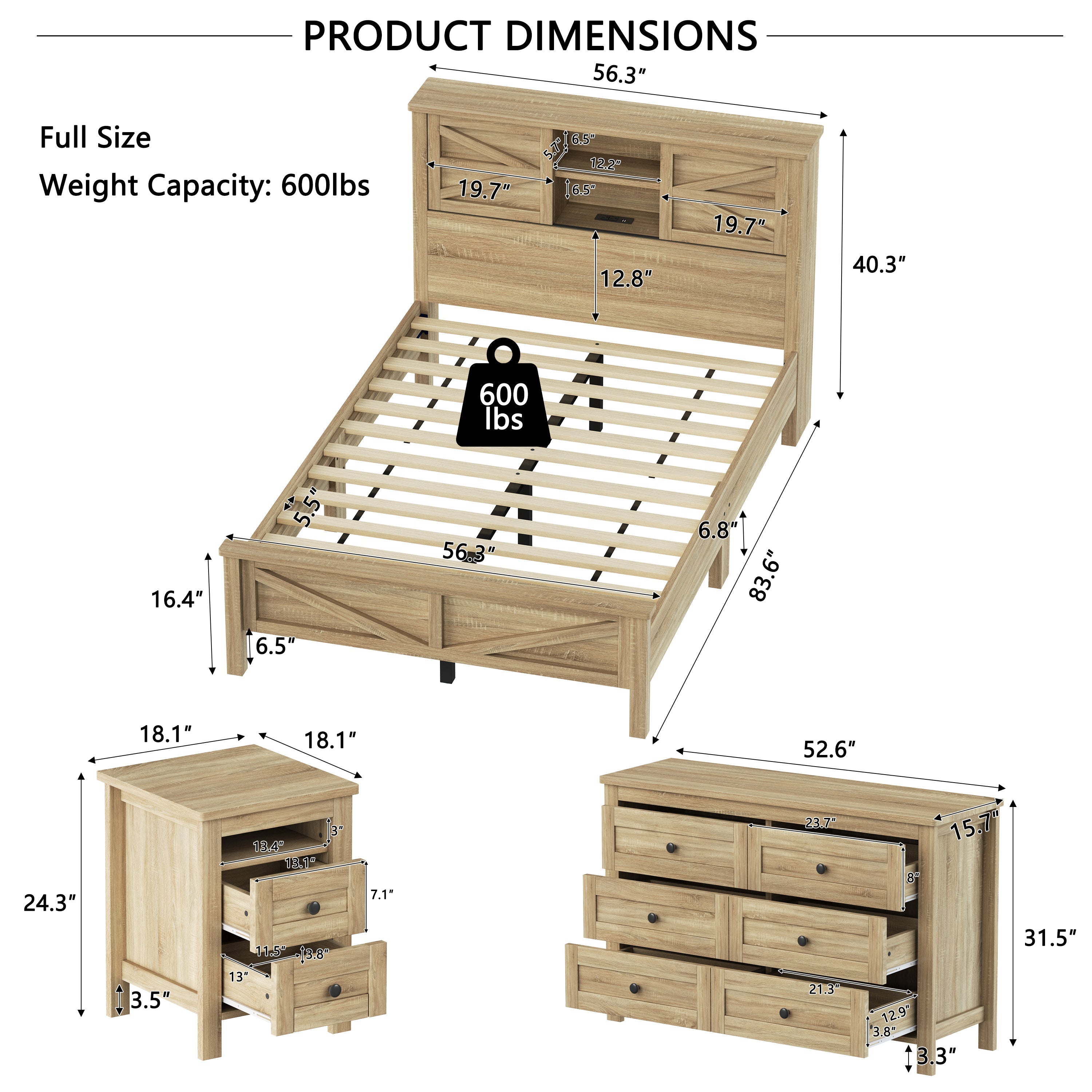 3-Pieces Bedroom Sets Full Size Farmhouse Platform Bed with Double Sliding Door Storage Headboard and Charging Station, Storage Nightstand and Dresser, Natural