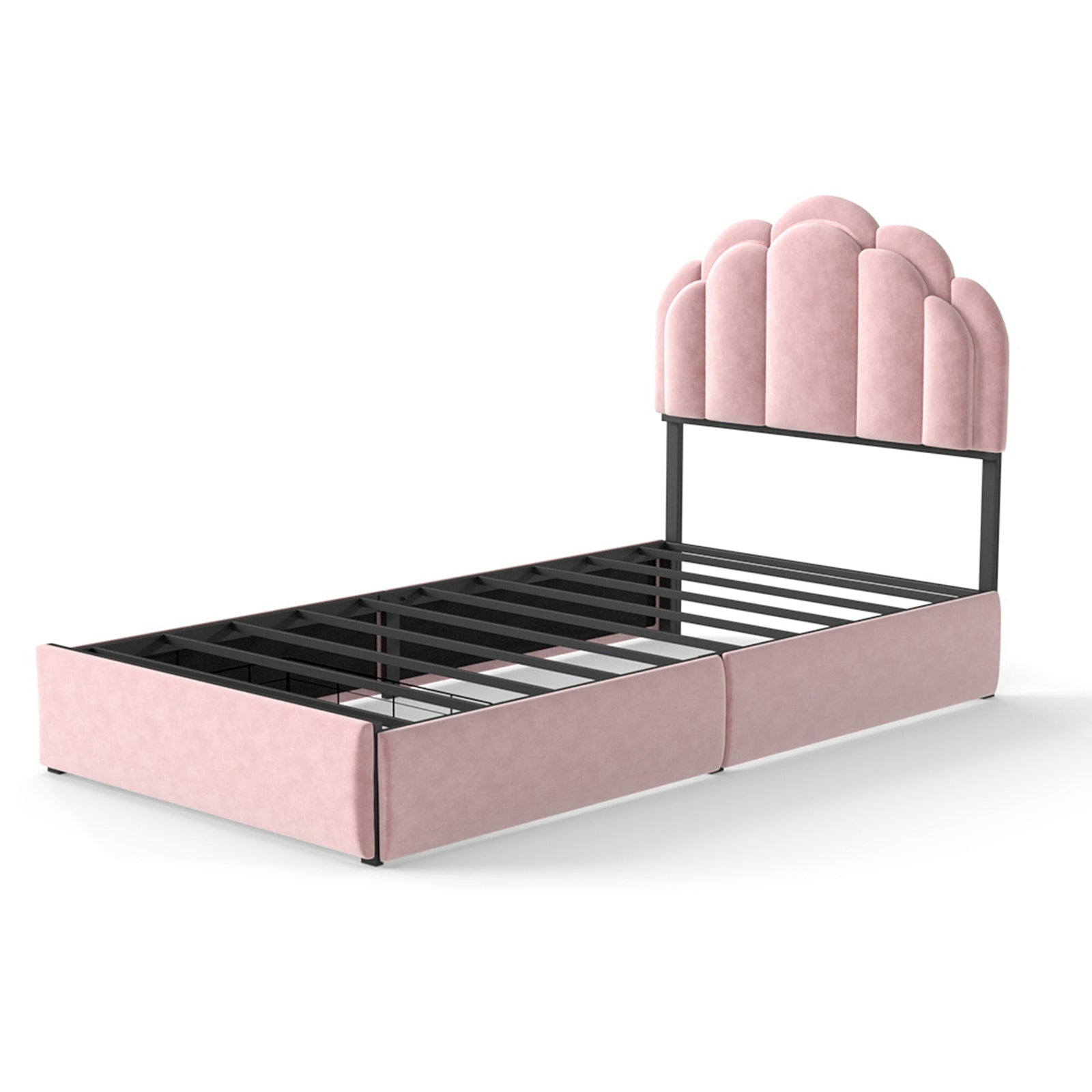 Velvet Petal Platform Bed with RGB LED Lights & Storage Drawers, Pink Wood+Metal Design, 72' L x 43' W x 39' H