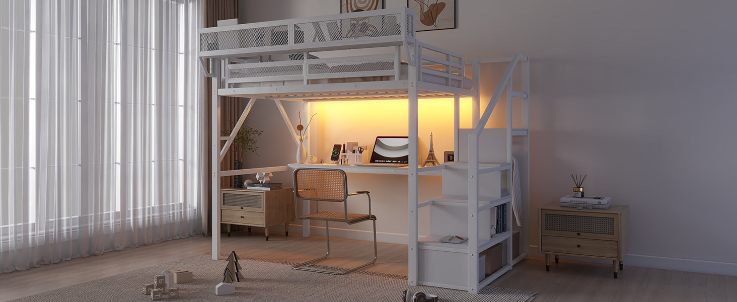 Full Loft Bed with Desk and Charging Station, Full Size Metal Loft Bed with Stairs and Light for Kids Teens,White OLD  SKU W2580S00046